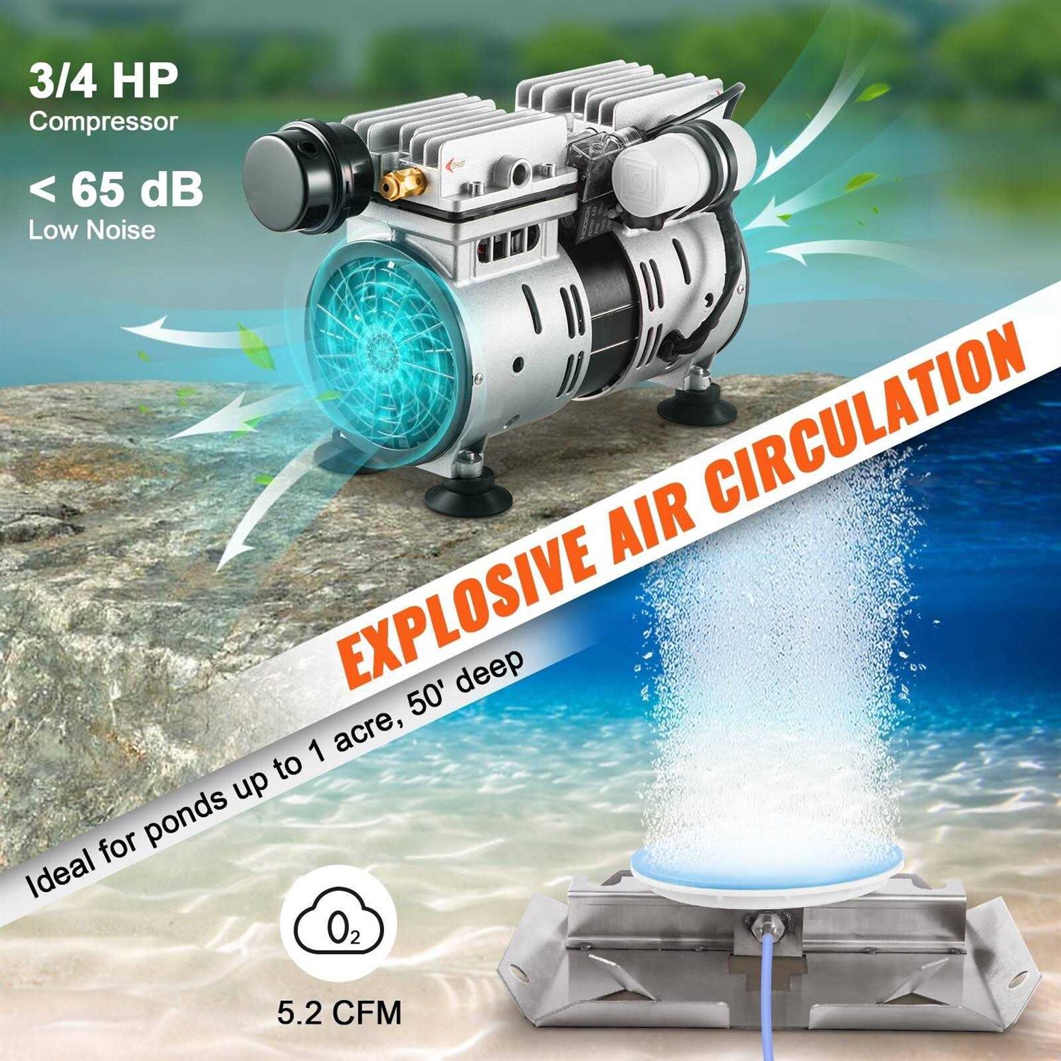 VEVOR Pond Aerator 550 W Power 5.2CFM Air Compressor Includes 3/4 HP - Inhomebuy