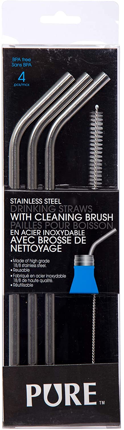 PURE 4-Piece Stainless Steel Reusable Straws with Cleaning Brush 10-inch, Silver - Inhomebuy