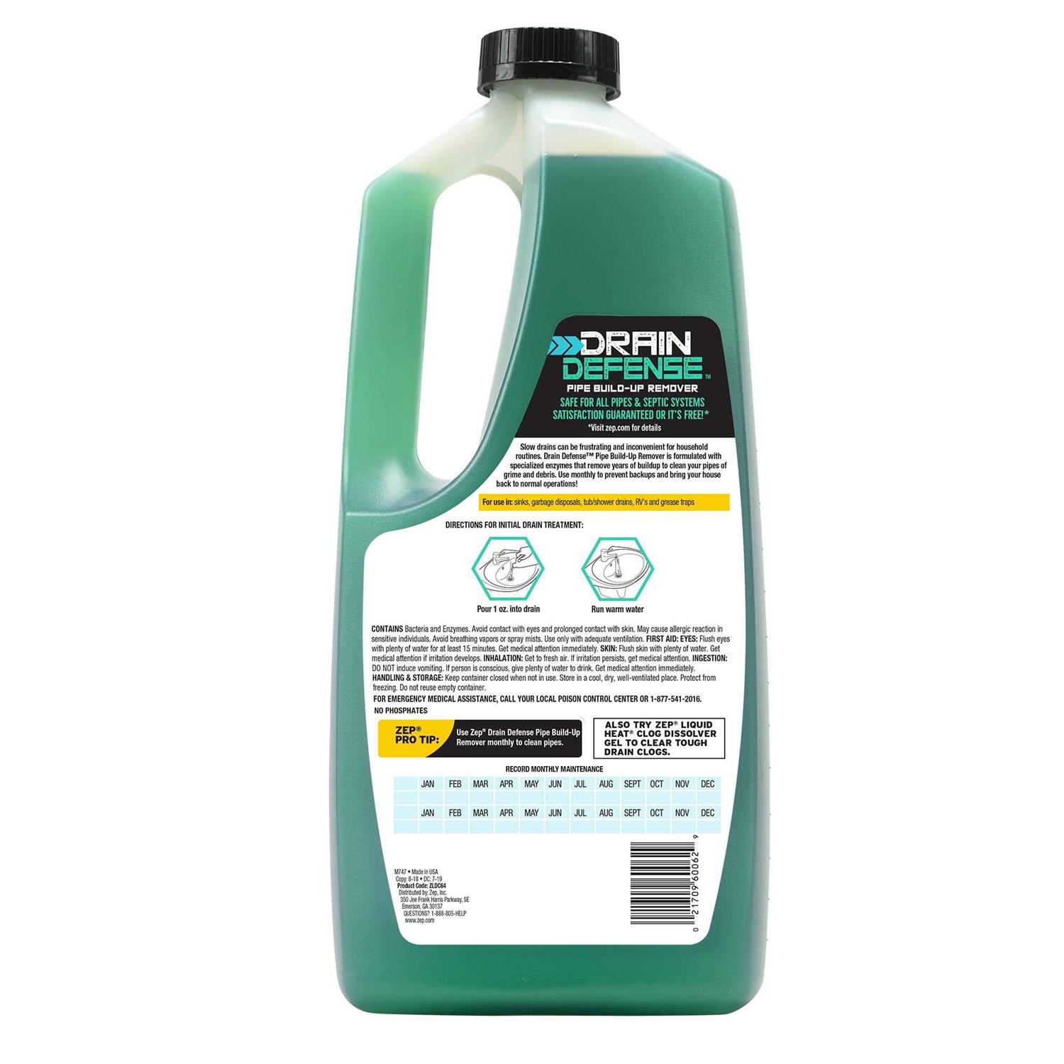Zep Drain Defense Pipe Build-Up Remover 64 Ounces Zldc64 - Inhomebuy