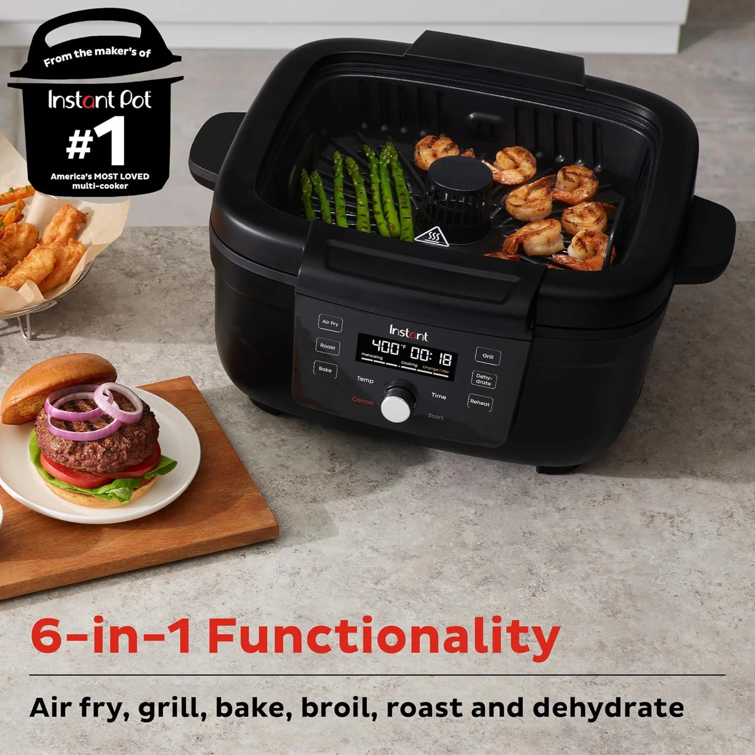 Instant Pot Indoor Grill & Air Fryer: 6-in-1 functions: grill, air fry, bake, broil, roast, dehydrate | 140-8001-01 - Inhomebuy