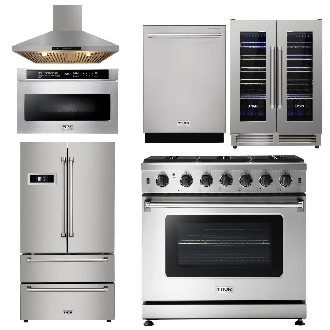 Thor Kitchen Appliance Bundle - 36 in. Natural Gas Range in 6 Piece Appliance Package, AB-LRG3601U-8 - Inhomebuy