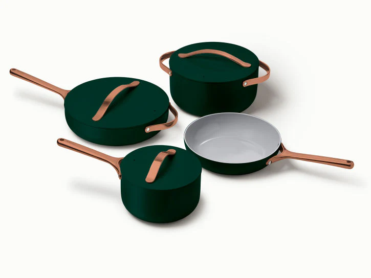 Caraway Non-Toxic and Non-Stick Cookware Set in Emerald with Copper Handles - Inhomebuy