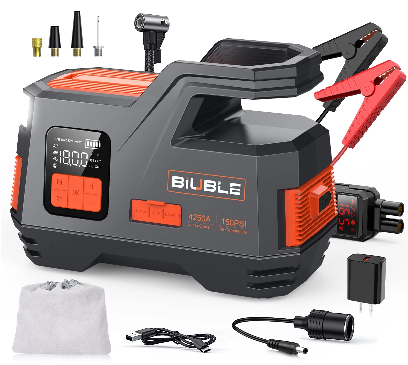 Biuble Car Jump Starter with Air Compressor, 4500A Peak 26800mAh 12V Auto with 150PSI Tire Inflator（up to All Gas or 10.0L Diesel Engine） - Inhomebuy