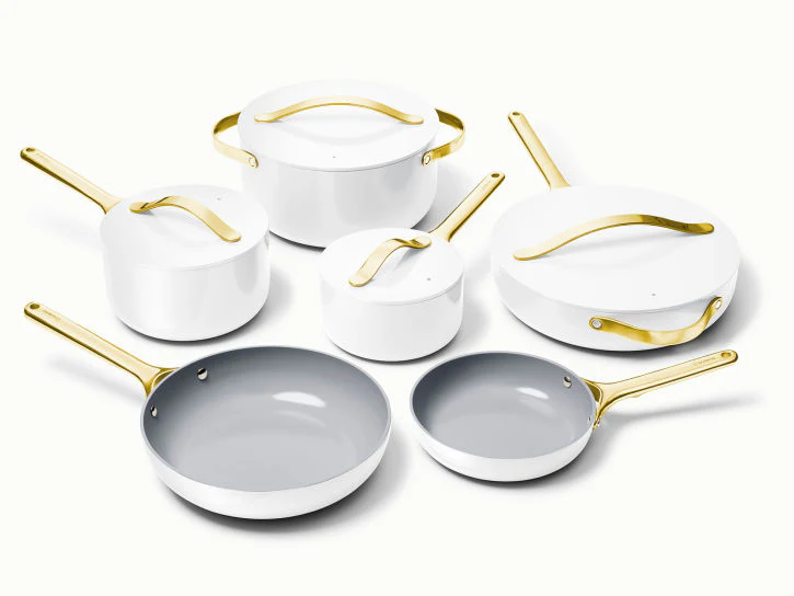 Caraway Deluxe Cookware Set in White with Gold Handles - Inhomebuy