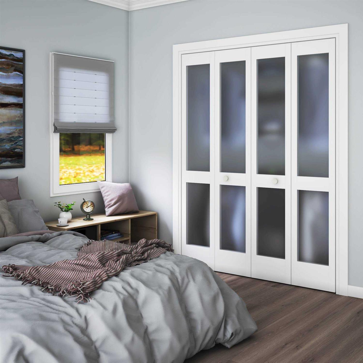 EightDoors 80 Square Frost Mirrored Glass Solid Core Primed Pine Wood Bifold Door Hardware Included - Inhomebuy