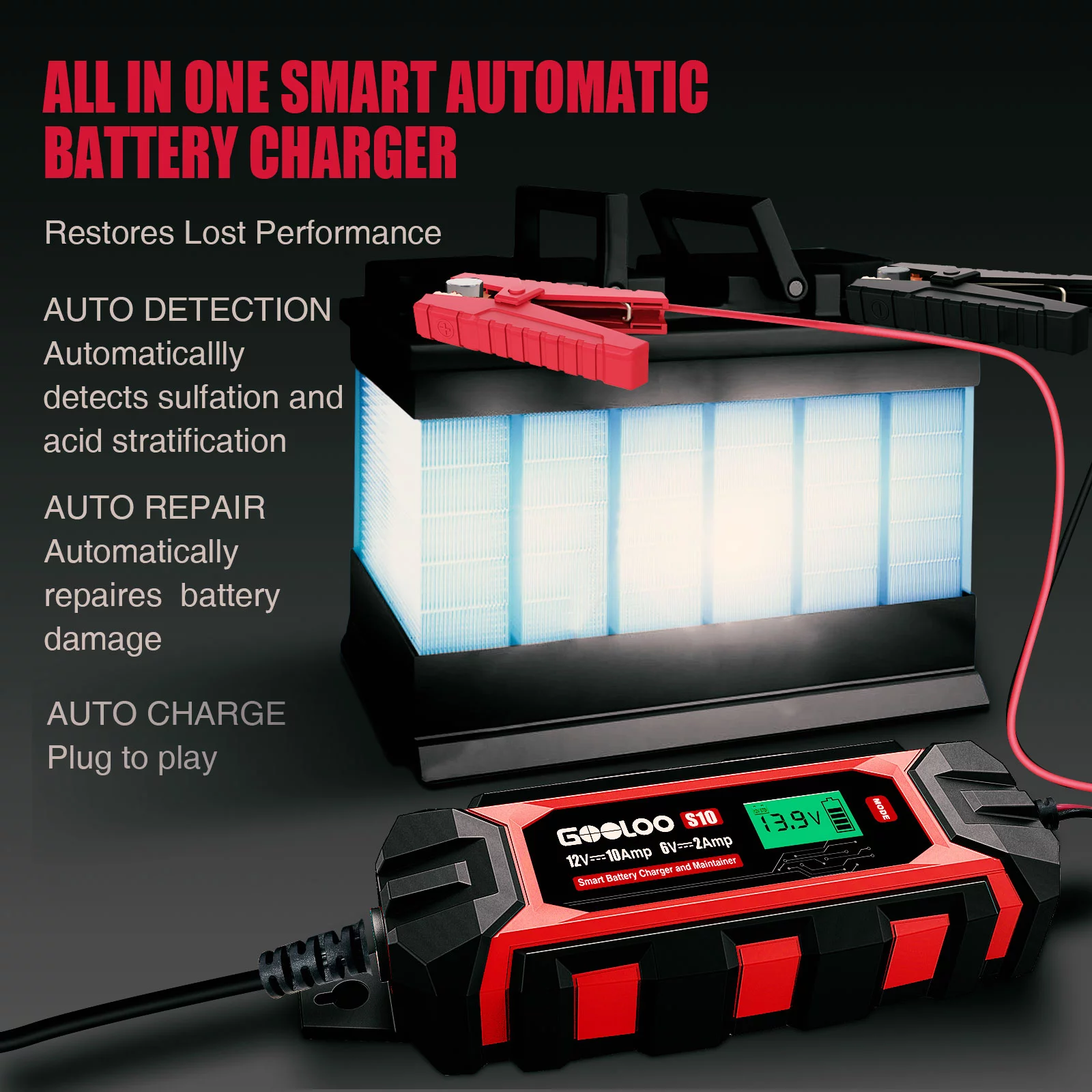 GOOLOO 6A Automotive Battery Charger,6 Amp 6V 12V(Up to 150Ah)Battery Charger and Maintainer Smart Trickle Charger Portable with LCD Display Pulse Repair for Vehicles - Inhomebuy