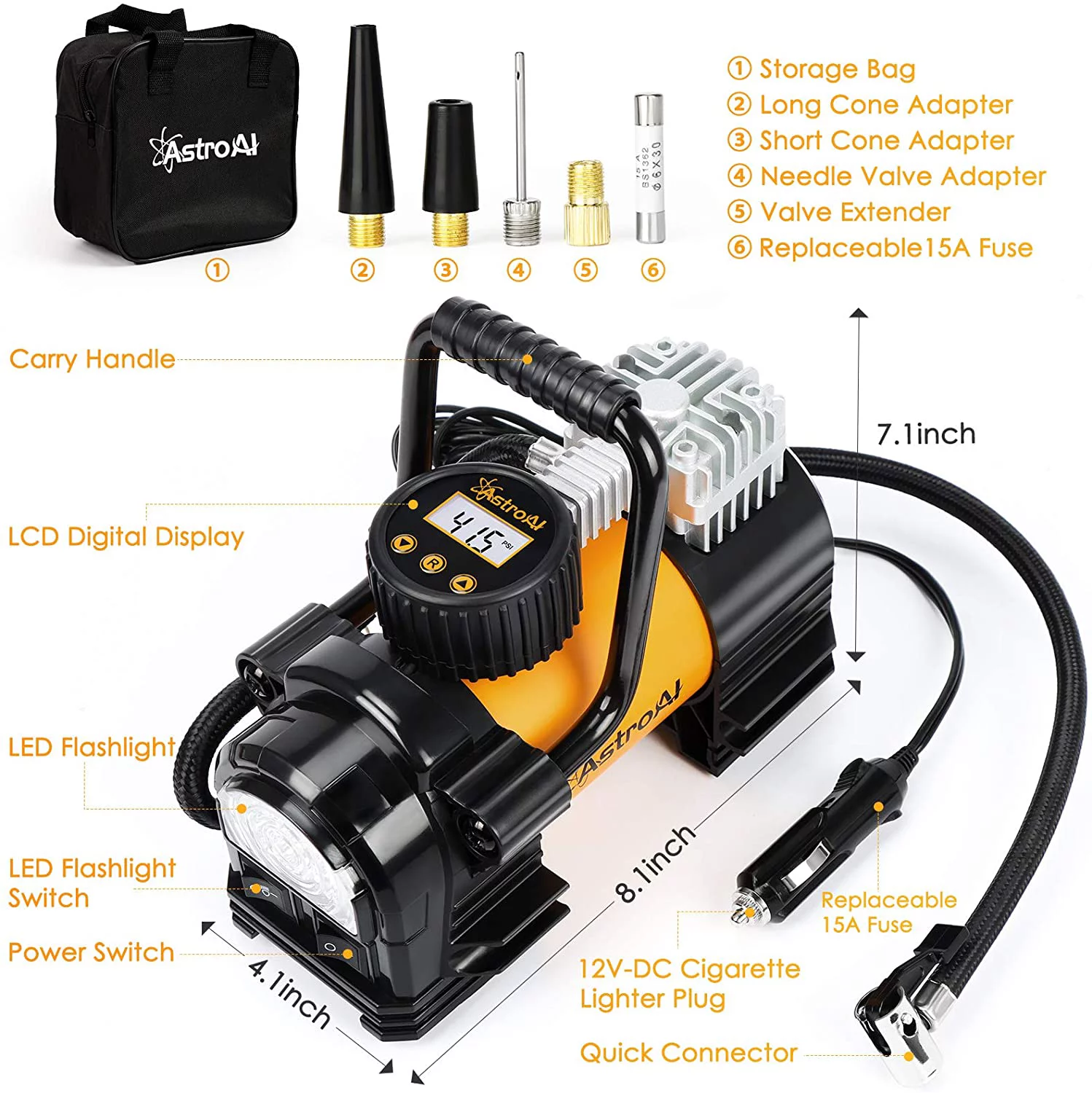 AstroAI Tire Inflator Portable Air Pump for Car Tires, Digital Air Compressor 150PSI, Yellow - Inhomebuy