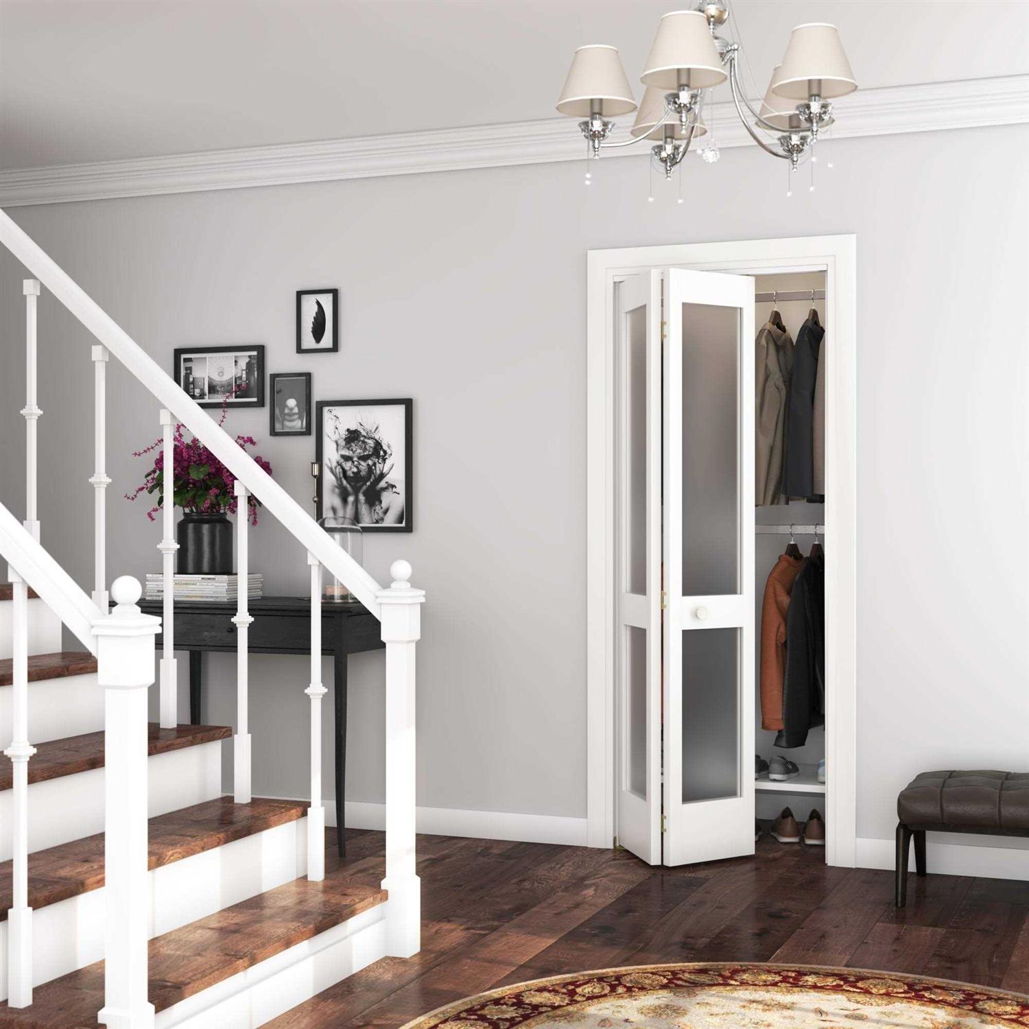 EightDoors 80 Square Frost Mirrored Glass Solid Core Primed Pine Wood Bifold Door Hardware Included - Inhomebuy