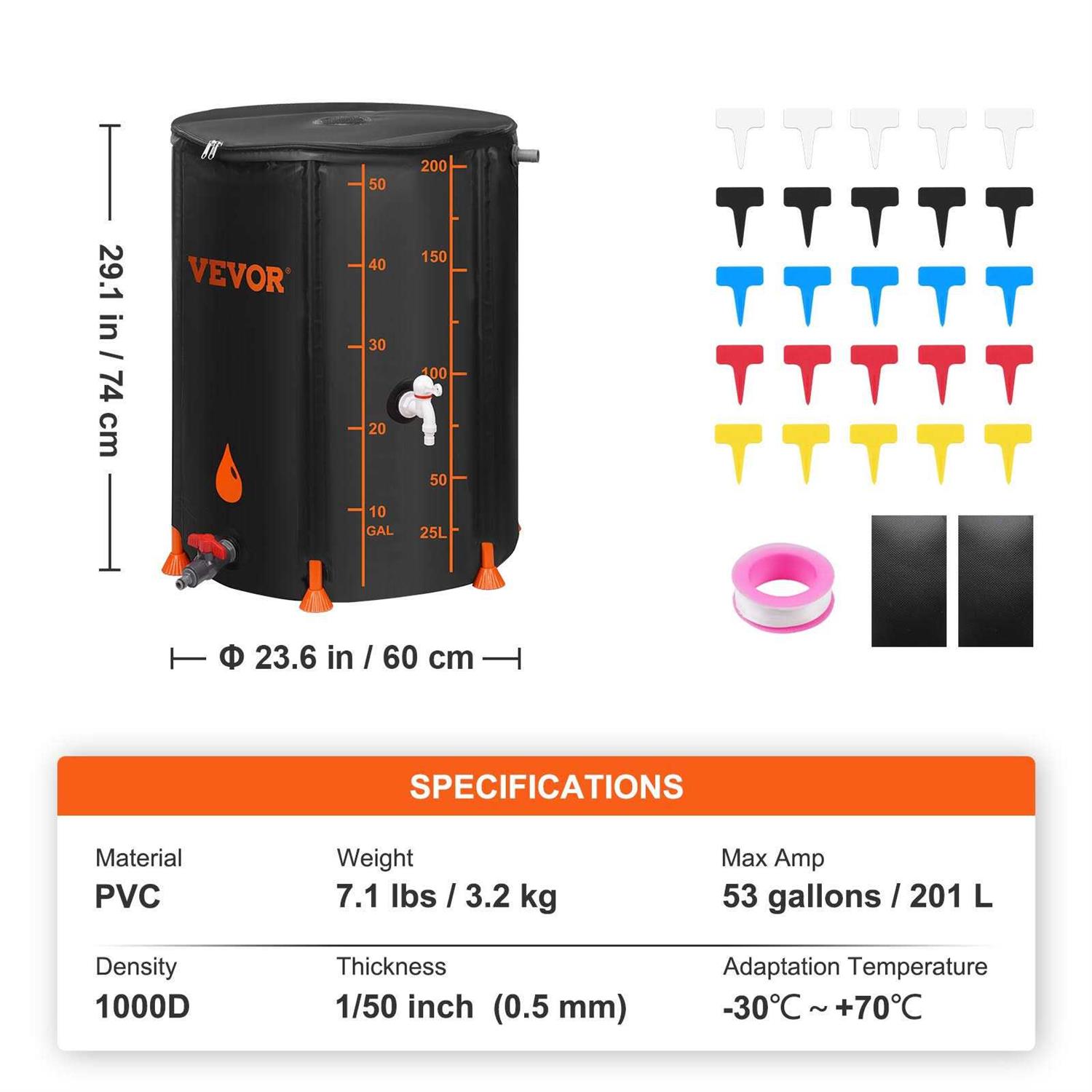 VEVOR Collapsible Rain Barrel Large Capacity PVC Rainwater Collection System Spigots and Overflow Kit Portable Water Tank - Inhomebuy