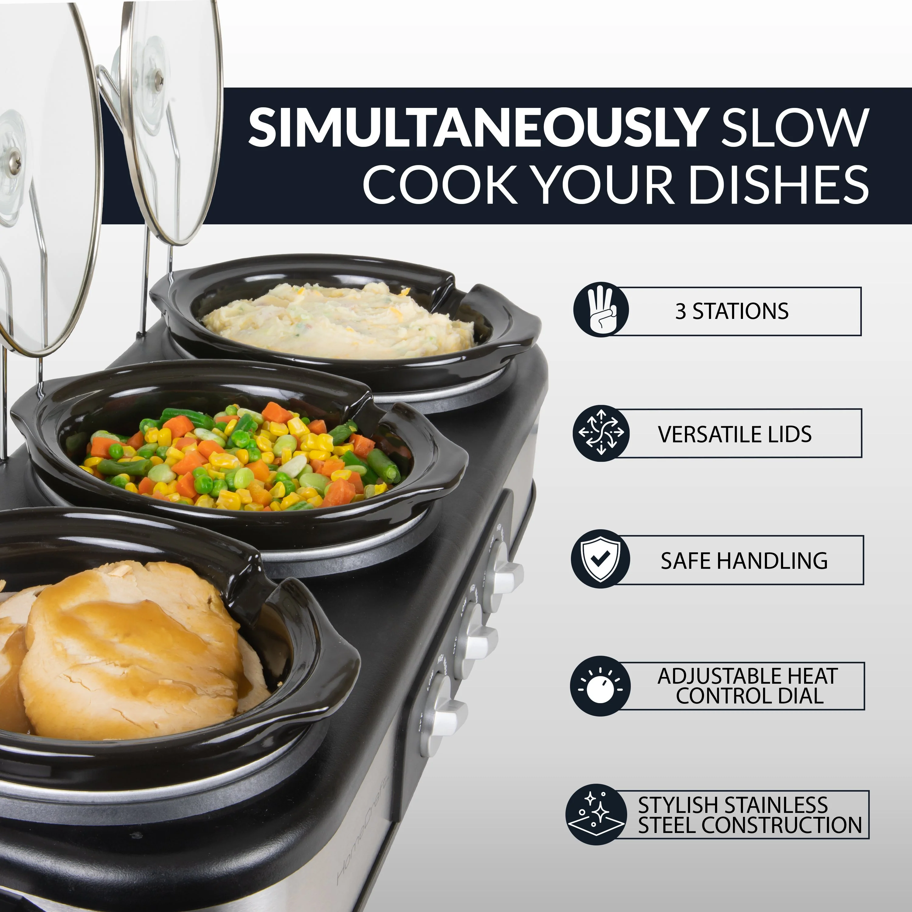 HomeCraft�?3-Station 1.5-Quart Oval Slow Cooker Buffet, Stainless Steel - Inhomebuy