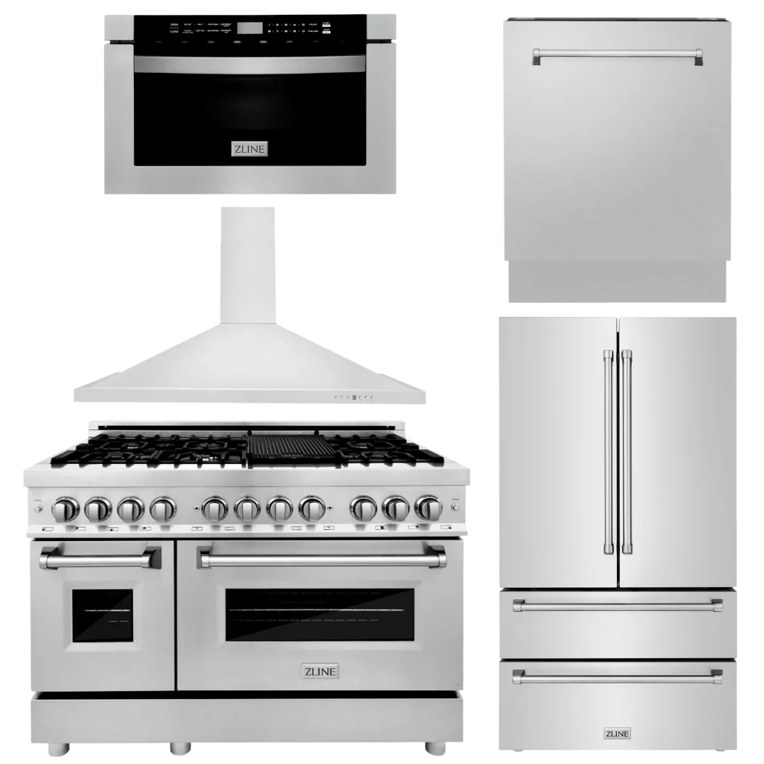 ZLINE Appliance Package - 48 in. Dual Fuel Range, Range Hood, Microwave Drawer, 3 Rack Dishwasher, Refrigerator, 5KPR-RARH48-MWDWV - Inhomebuy