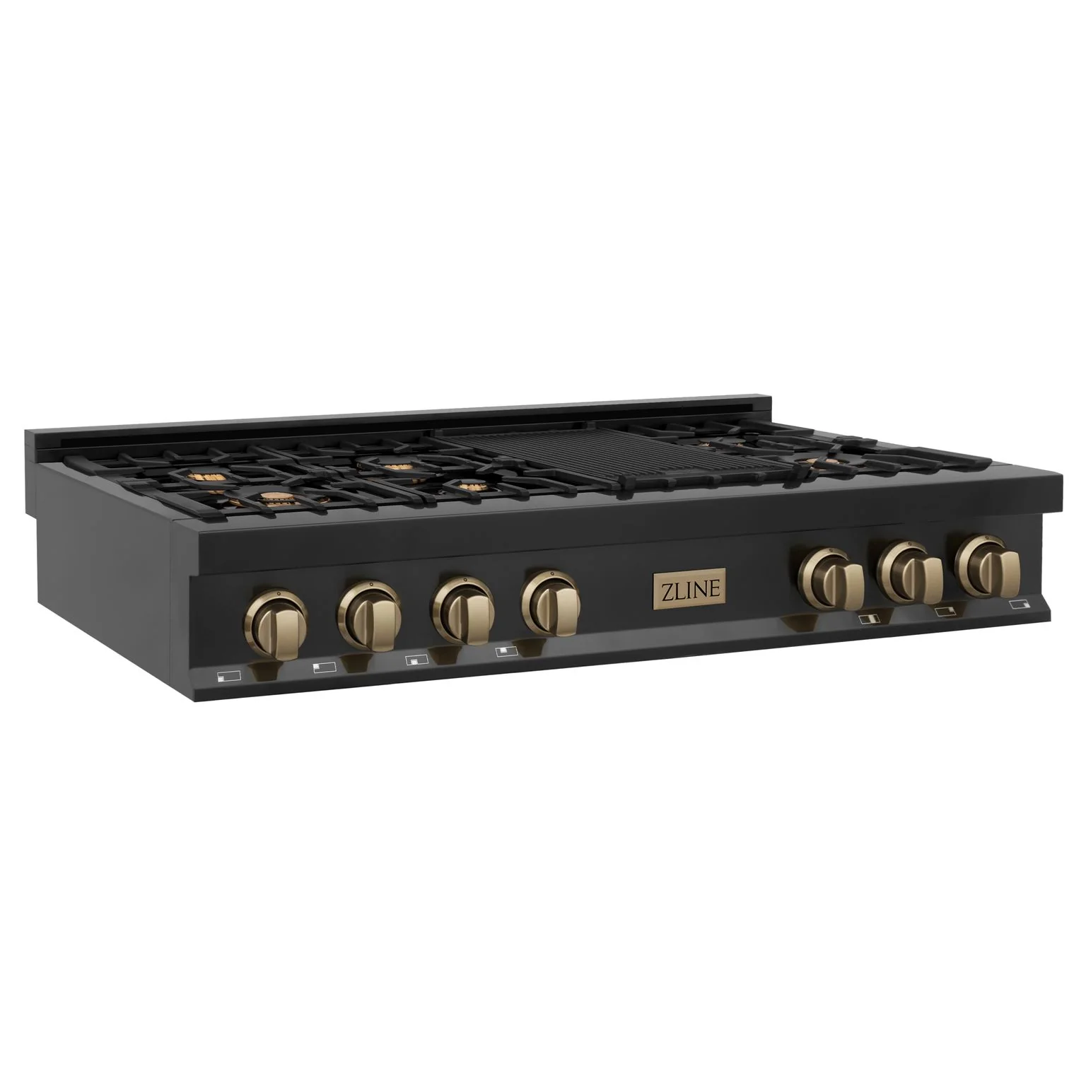 ZLINE Autograph Edition 48 In. Porcelain Rangetop with 7 Gas Burners in Black Stainless Steel and Champagne Bronze Accents, RTBZ-48-CB - Inhomebuy