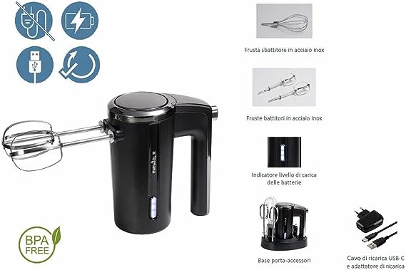 Rechargeable Hand Mixer Black,50W - Inhomebuy