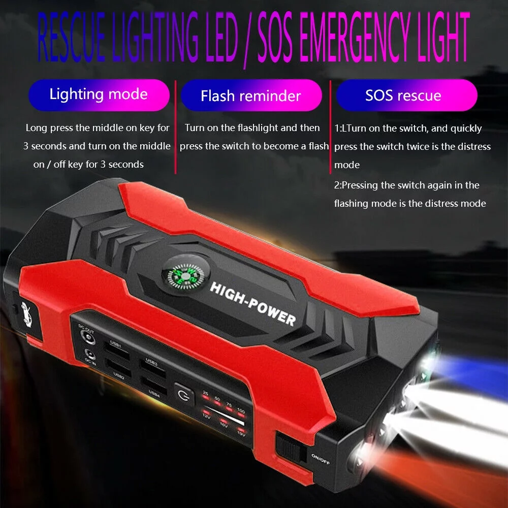 FIEWESEY Portable 12V Car Jump Starter Portable USB Power Bank Battery Booster Clamp 600A (Green) - Inhomebuy