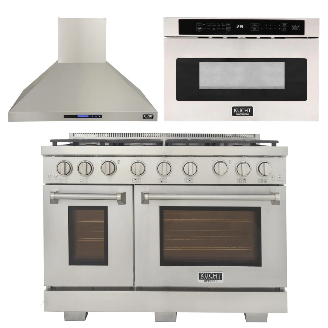 Kucht Appliance Package - 48 inch Gas Range in Stainless Steel, Wall Range Hood, Microwave Drawer, AP-KFX480-3 - Inhomebuy