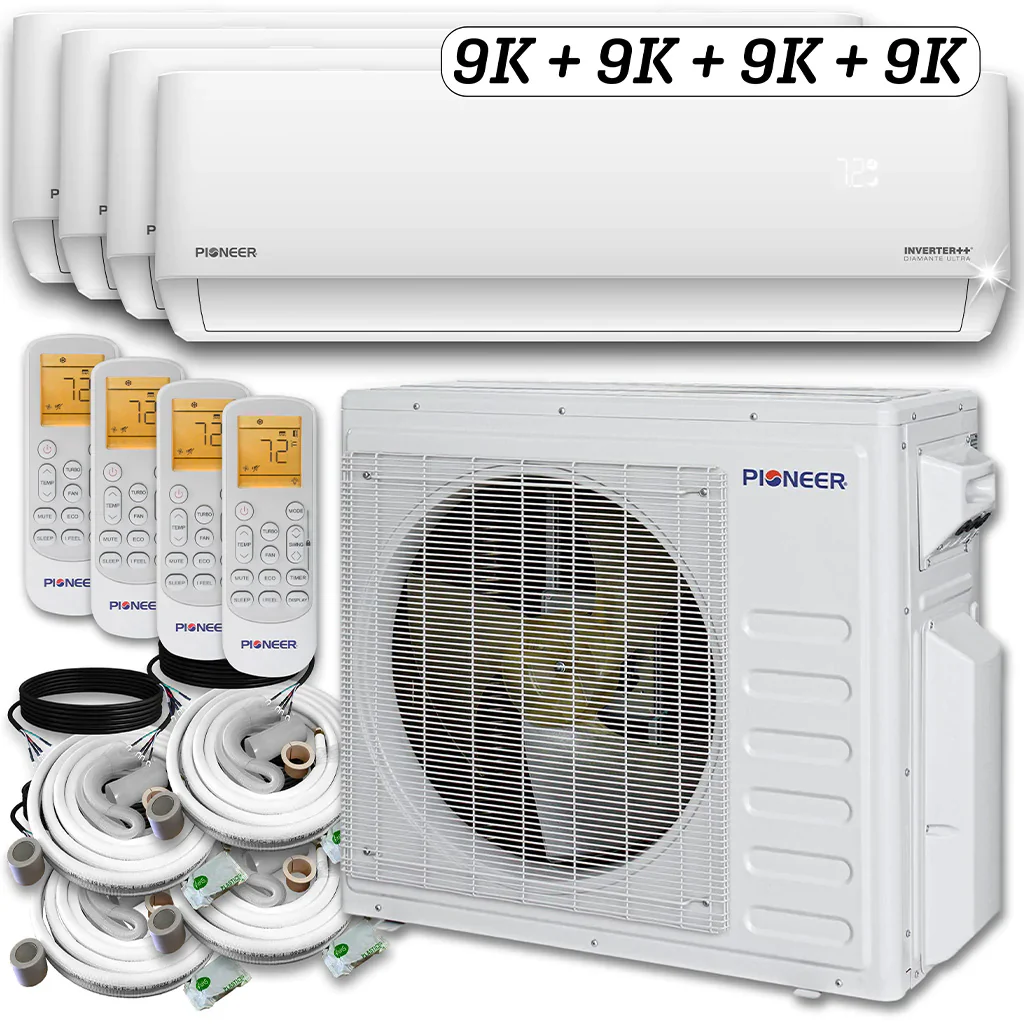 Pioneer® Mini Split 36,000 BTU 4 Zone Ductless Air Conditioner and Heat Pump with 16 ft. Kits, WYT040GLHI22M4-9W-9W-9W-9W-16 - Inhomebuy