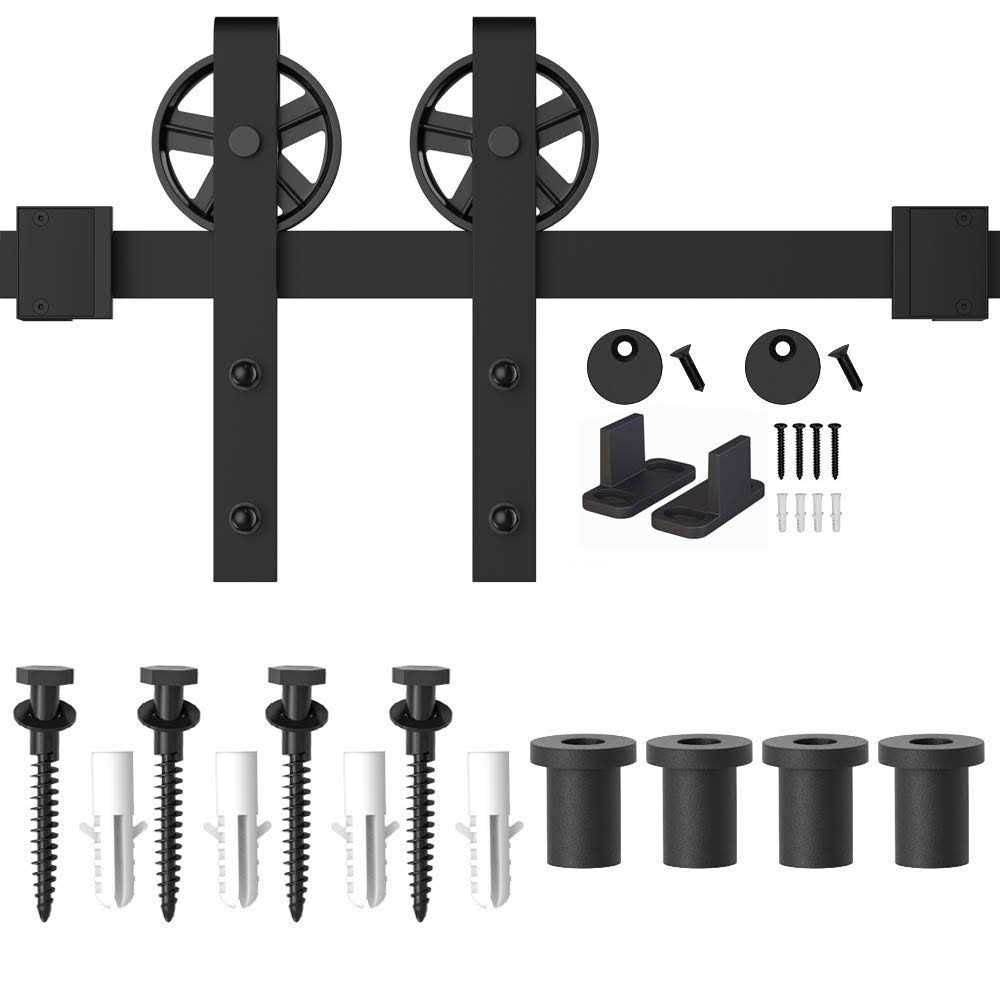 WINSOON 5-16FT Single Wood Sliding Barn Door Hardware Basic Black Big Spoke Wheel Roller Kit Garage Closet Carbon Steel Flat Track System - Inhomebuy