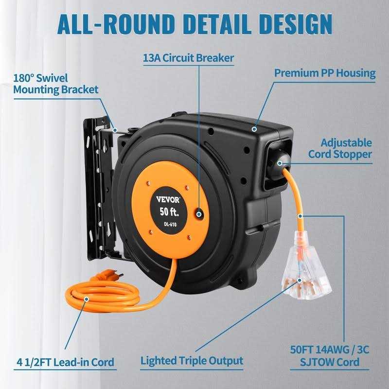 VEVOR Retractable Extension Cord Reel Heavy Duty 3C SJTOW Power Cord - Inhomebuy