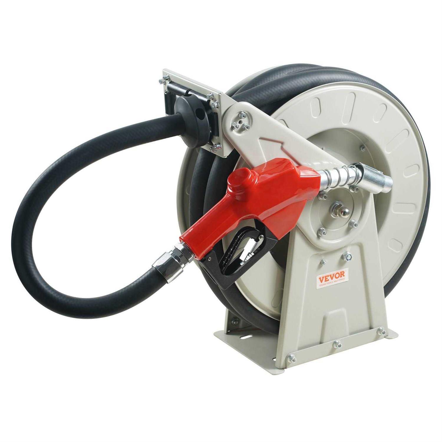VEVOR Fuel Hose Reel 1 x 50′ Extra Long Retractable Diesel Hose Reel Heavy-Duty Carbon Steel Construction with Automatic Fuel Nozzle Nbr Rubber - Inhomebuy