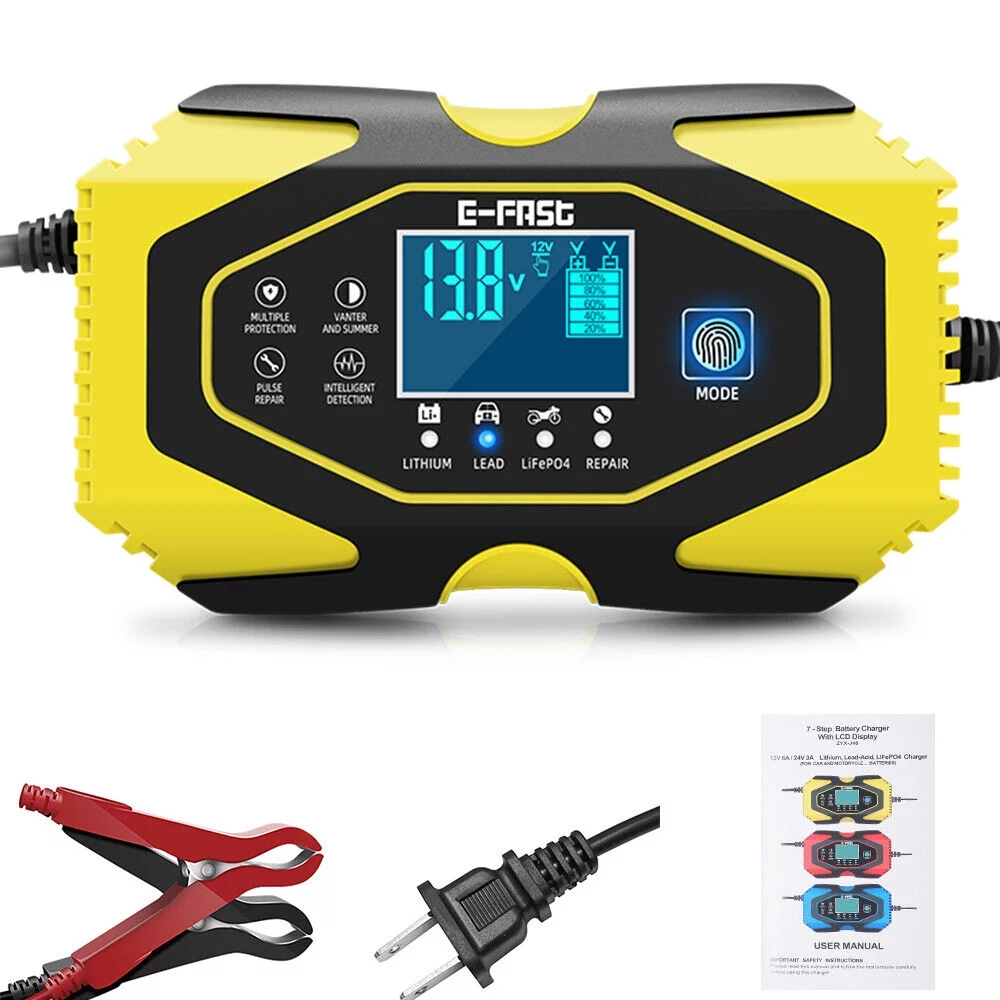 Paddsun Car Battery Charger Smart Automatic 12V/24V Lead-acid AGM GEL& Lithium LiFePO4 - Inhomebuy