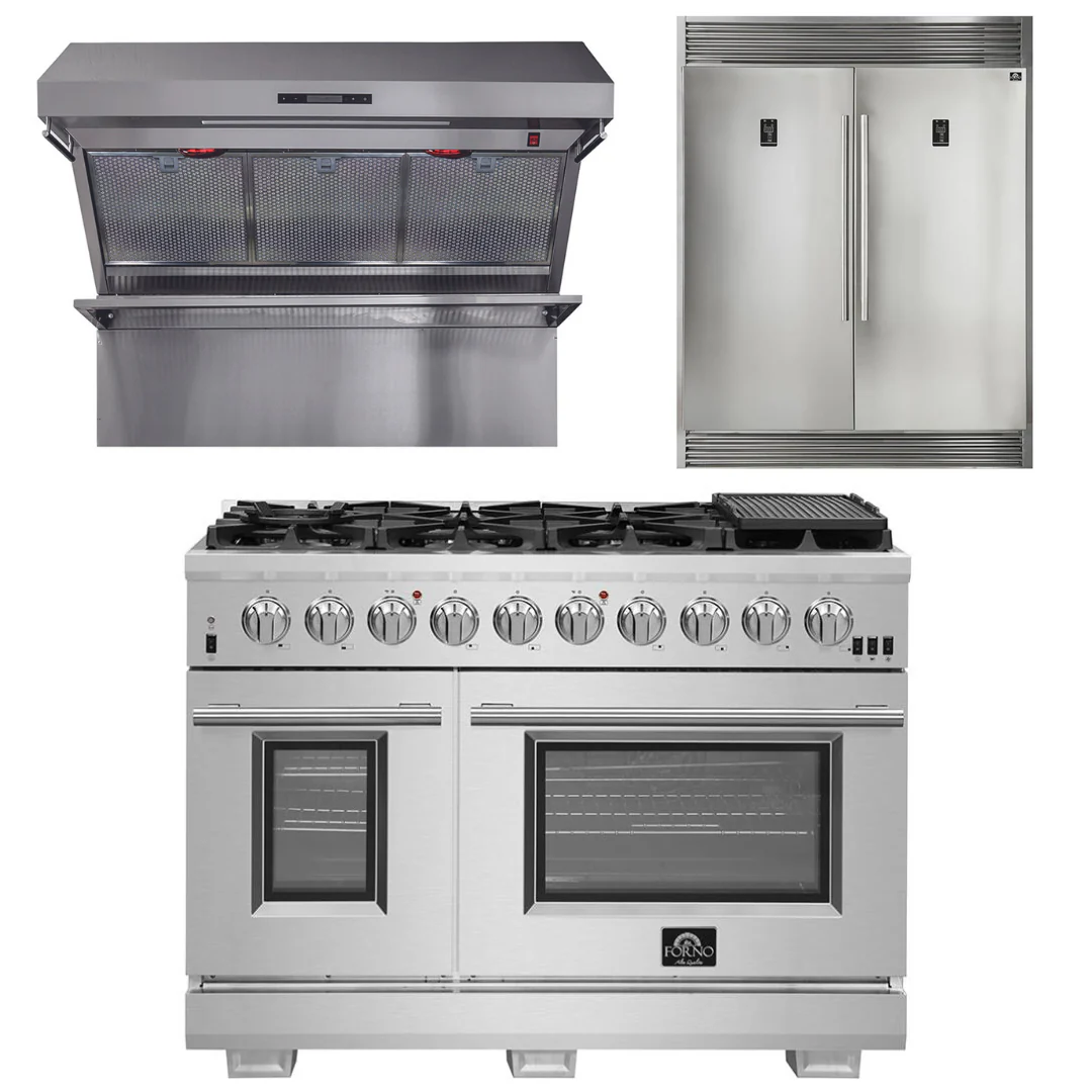 Forno Appliance Package - 48 Inch Pro Gas Range, Wall Mount Range Hood, Refrigerator, AP-FFSGS6260-48-4 - Inhomebuy