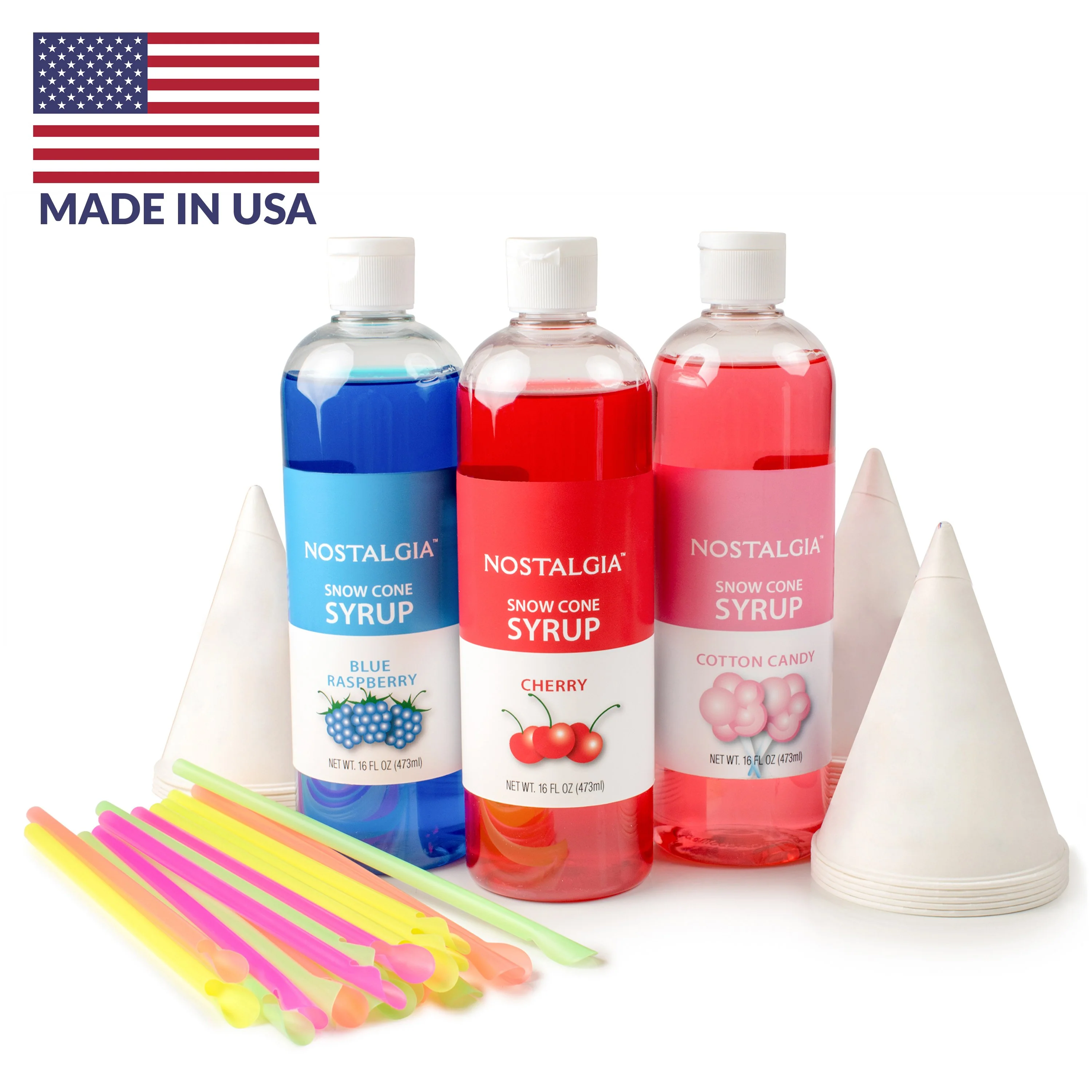 Premium 16-Ounce Snow Cone Syrups, Cups and Spoon-Straws Party Kit - Inhomebuy