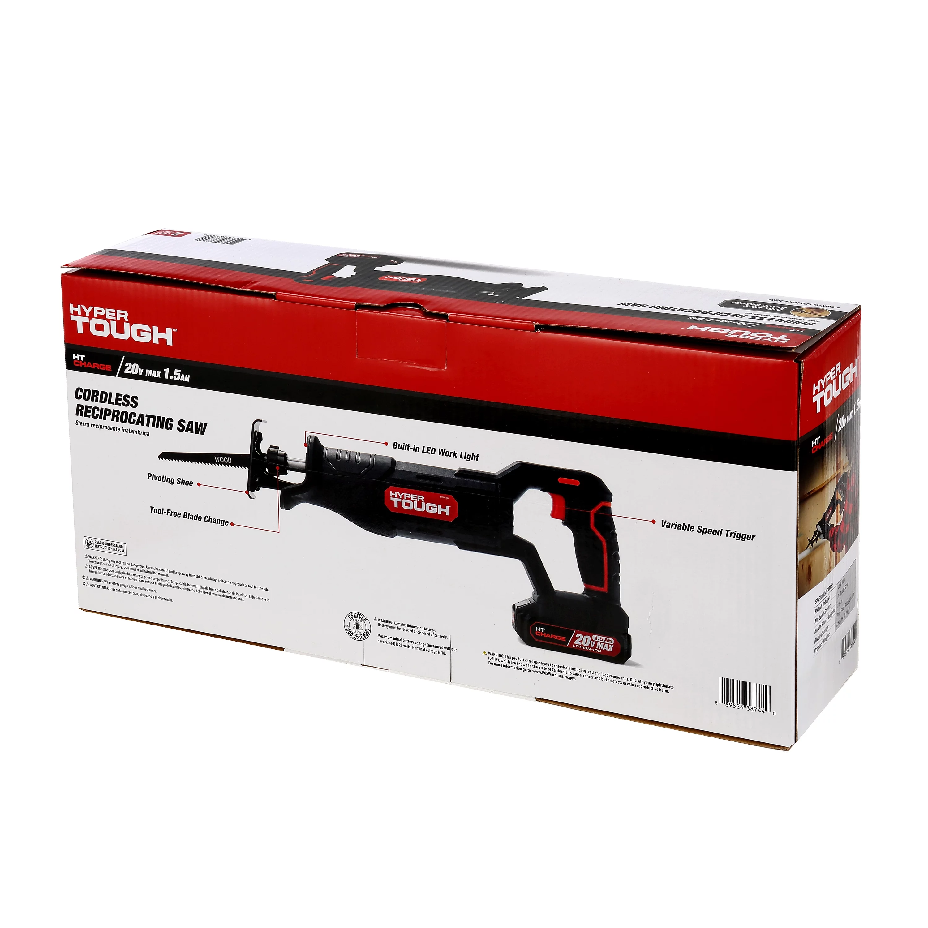 Hyper Tough 20V Max Lithium-ion Cordless Reciprocating Saw, Variable Speed, Keyless Blade Change, with 1.5Ah Lithium-Ion Battery and Charger, Wood Blade and LED Light - Inhomebuy