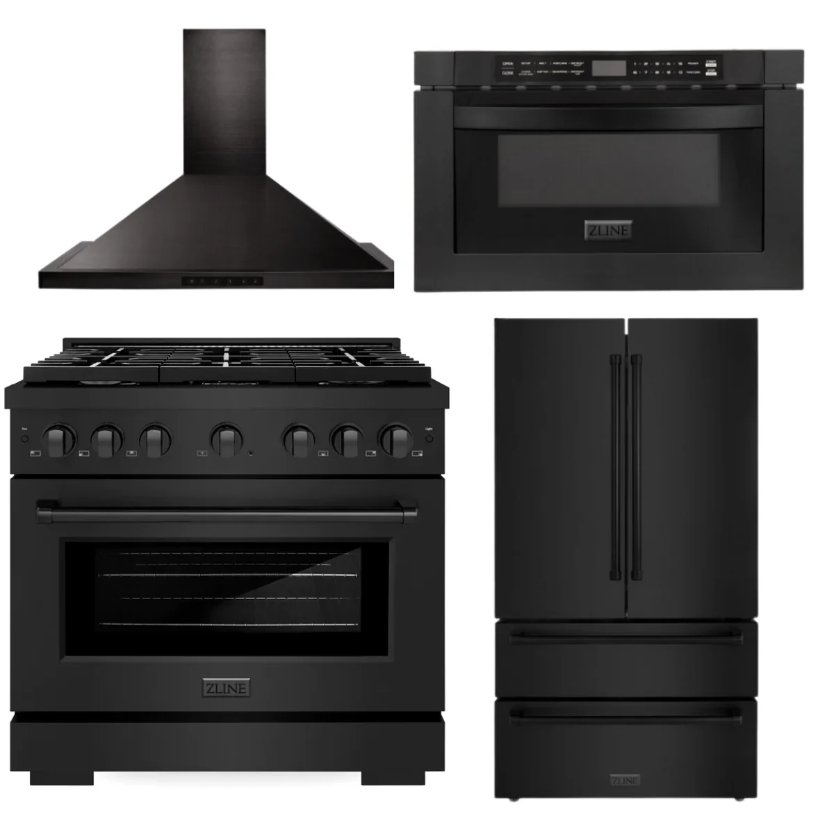 ZLINE Appliance Bundle - 36 in. Gas Range, Range Hood, Microwave Drawer, Refrigerator in Black Stainless, Bundle-4KPR-SGRBRH36-MW - Inhomebuy