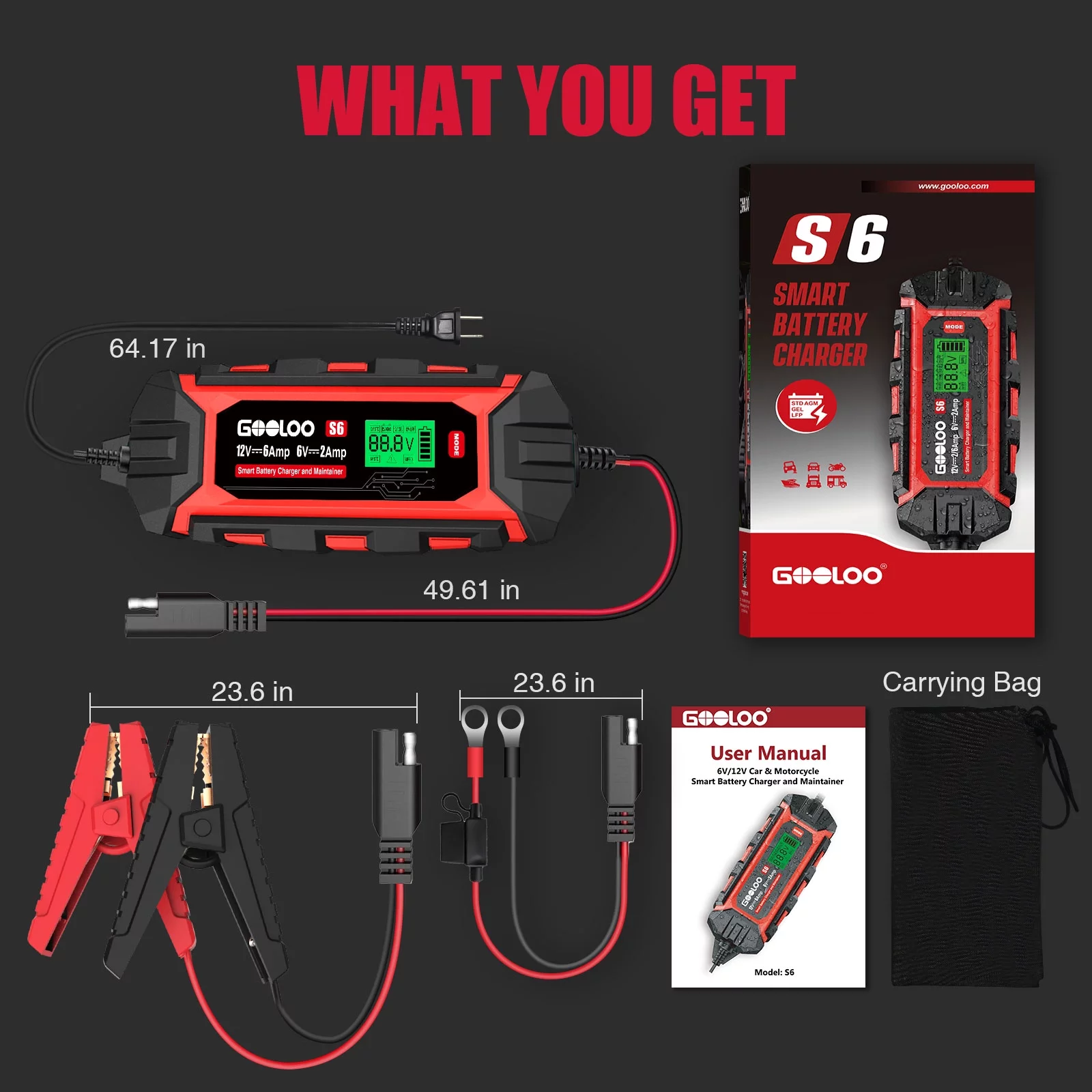 GOOLOO 6A Automotive Battery Charger,6 Amp 6V 12V(Up to 150Ah)Battery Charger and Maintainer Smart Trickle Charger Portable with LCD Display Pulse Repair for Vehicles - Inhomebuy