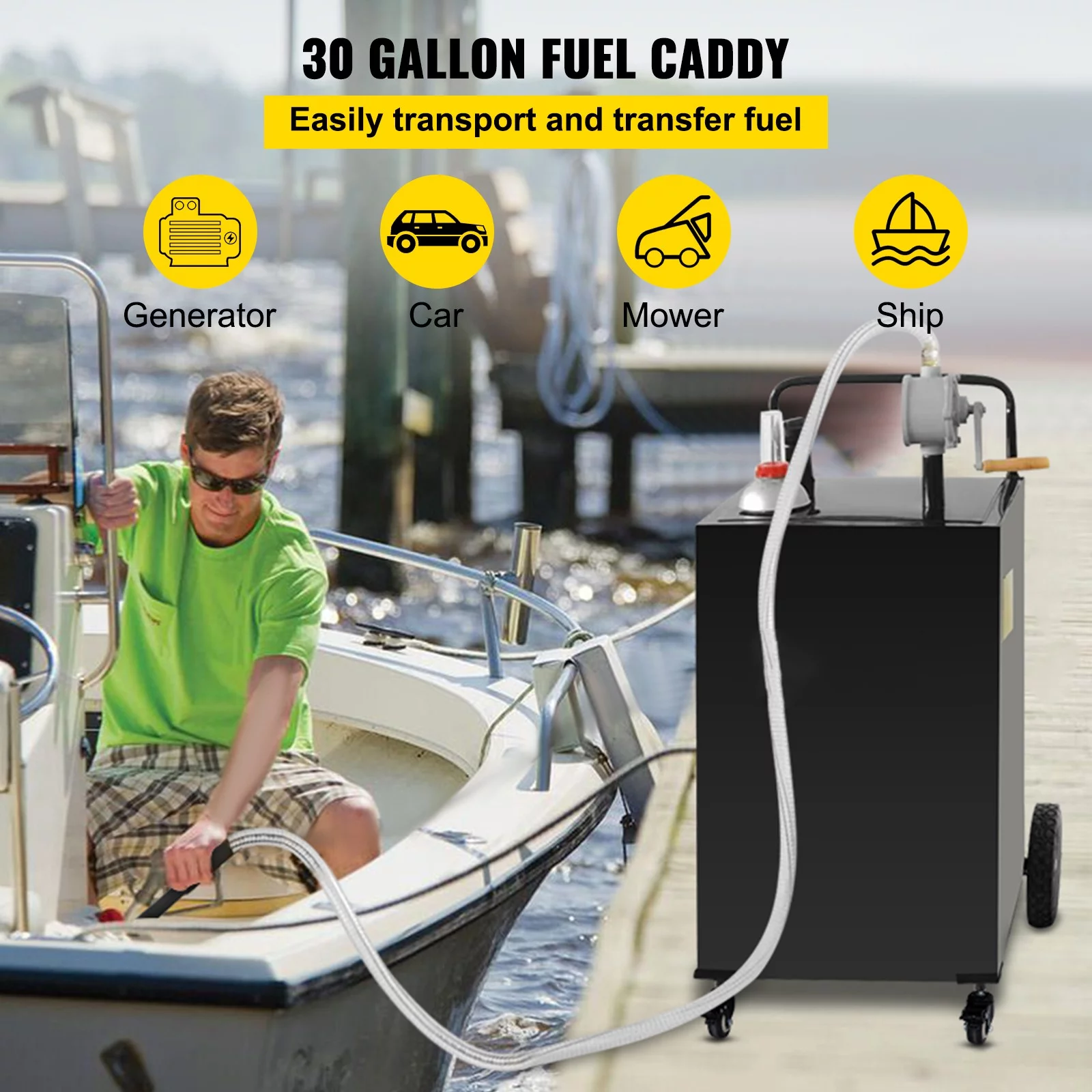 BENTISM Fuel Caddy, 30 Gallon, Gas Storage Tank & 2 Wheels, with Manuel Transfer Pump, Gasoline Diesel Fuel Container for Cars, Lawn Mowers, ATVs, Boats, More, Yellow - Inhomebuy