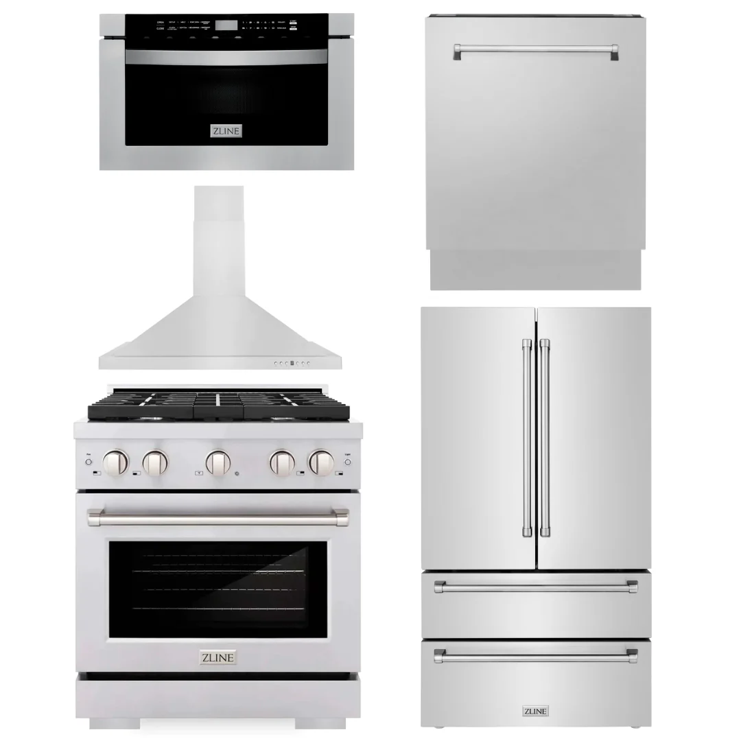 ZLINE Appliance Bundle - 30 in. Gas Range, 30 in. Range Hood, Microwave Drawer, 3 Rack Dishwasher, Refrigerator, Bundle-5KPR-RGRH30-MWDWV - Inhomebuy