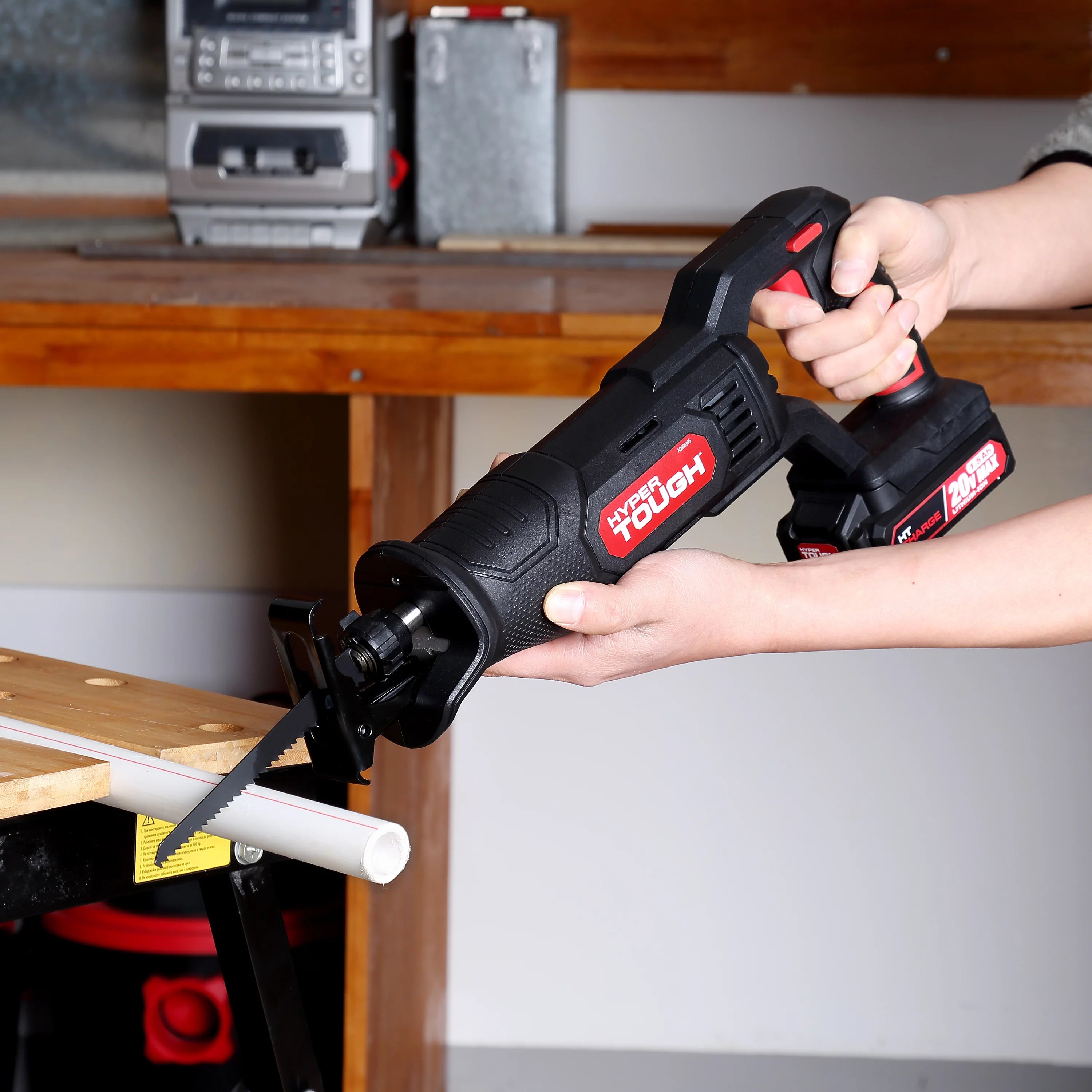 Hyper Tough 20V Max Lithium-ion Cordless Reciprocating Saw, Variable Speed, Keyless Blade Change, with 1.5Ah Lithium-Ion Battery and Charger, Wood Blade and LED Light - Inhomebuy