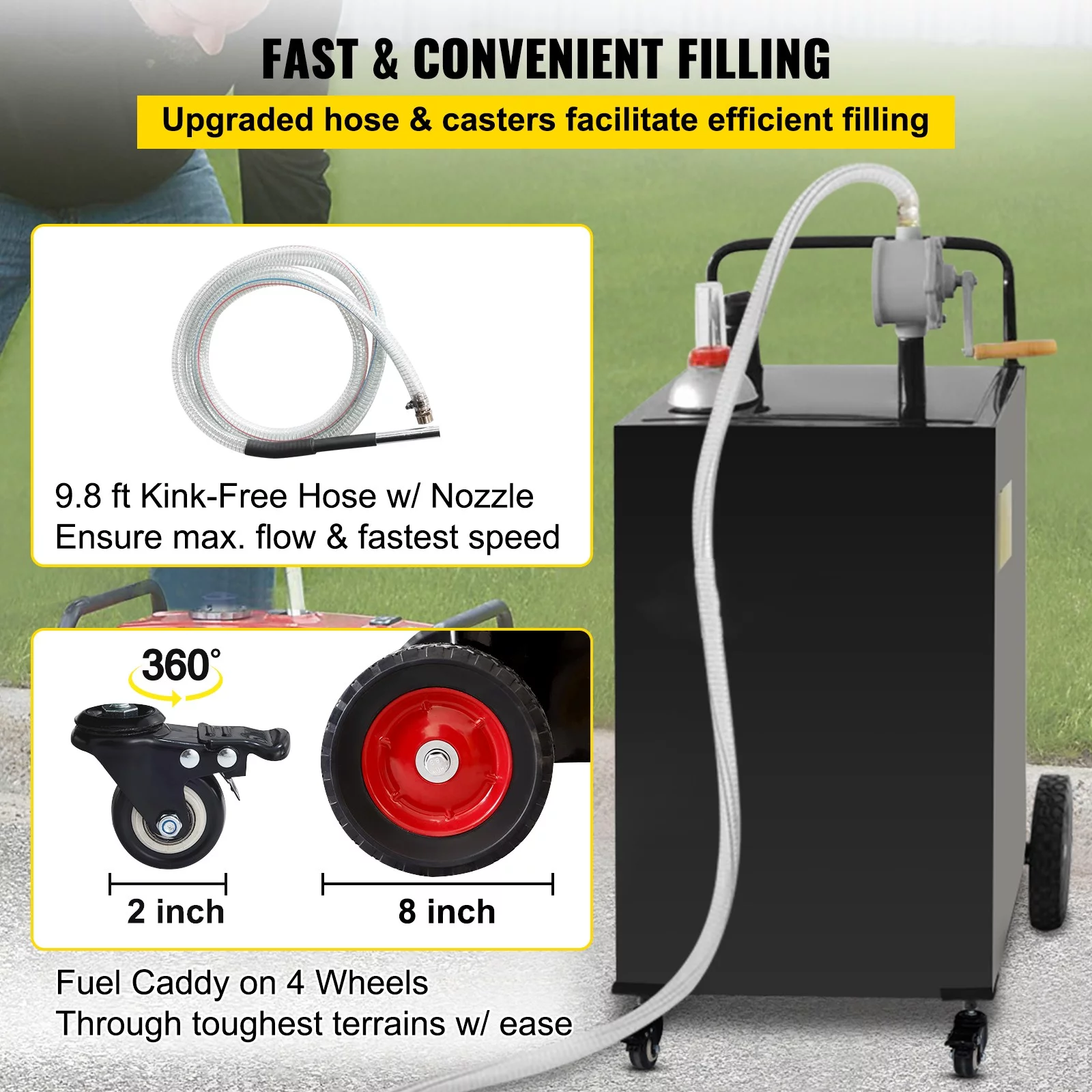 BENTISM Fuel Caddy, 30 Gallon, Gas Storage Tank & 2 Wheels, with Manuel Transfer Pump, Gasoline Diesel Fuel Container for Cars, Lawn Mowers, ATVs, Boats, More, Yellow - Inhomebuy