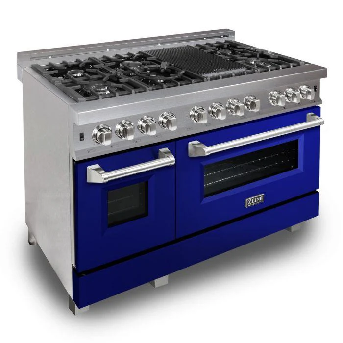 ZLINE 48 in. Professional Gas Burner/Electric Oven DuraSnow® Stainless 6.0 cu.ft. 7 Range with Blue Gloss Door, RAS-BG-48 - Inhomebuy