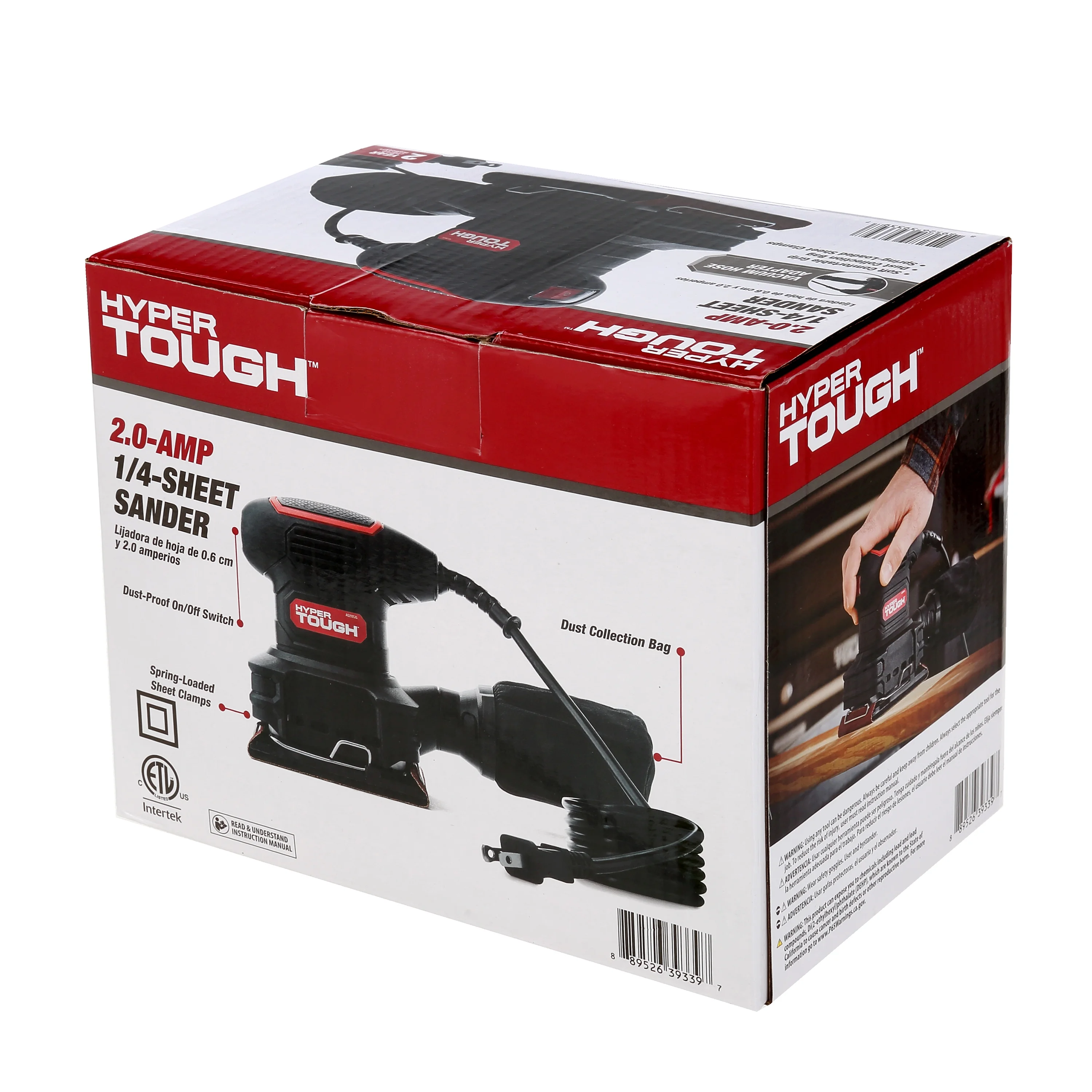 Hyper Tough 2 Amp Corded 1/4 Sheet Palm Sander with Dust Bag, Vacuum Hose Adapter, Punch Plate & 3 Sanding Sheets (60, 80 & 120 Grit) - Inhomebuy