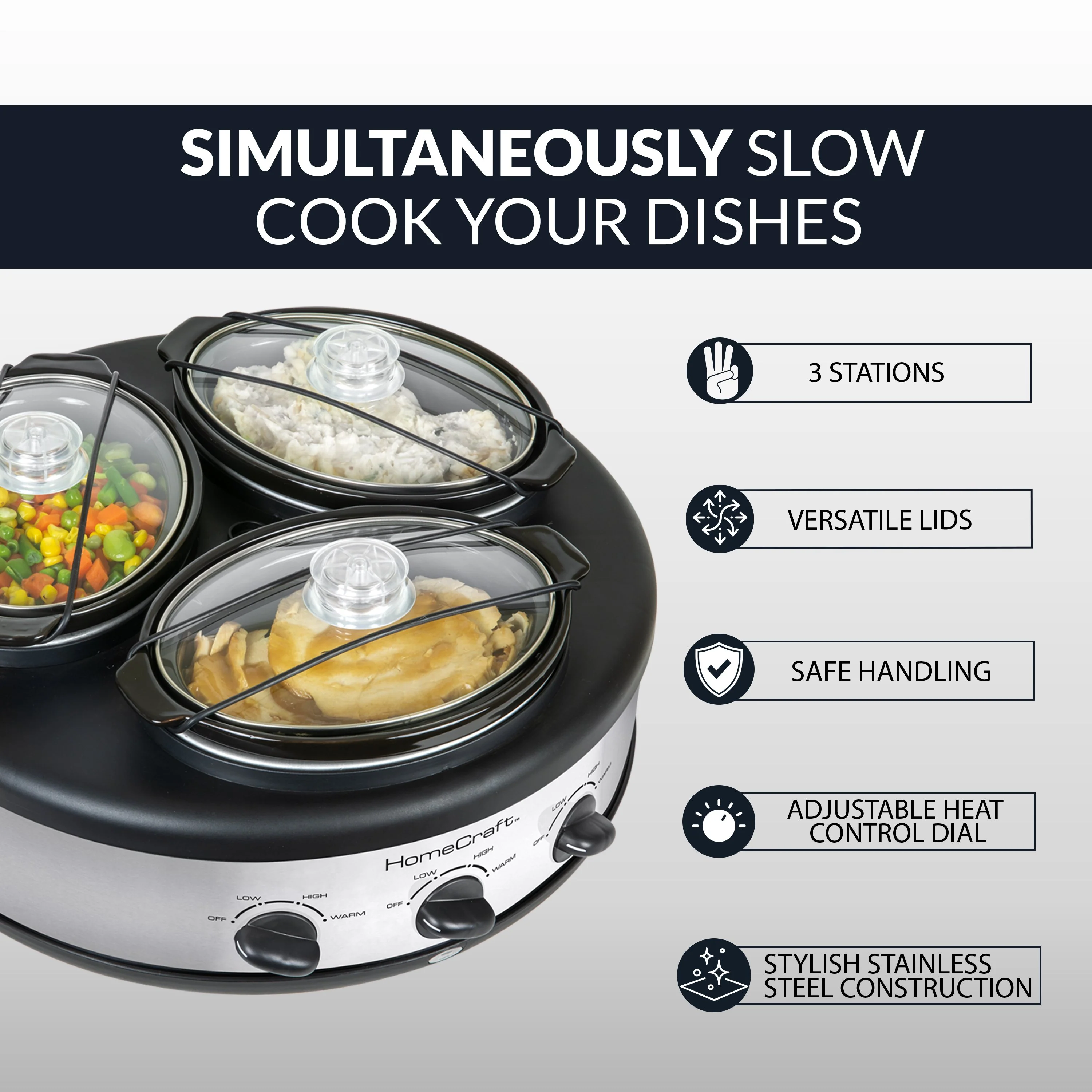 HomeCraft Triple Round Oval 1.5 Quart Stainless Steel Cooker Buffet - Inhomebuy