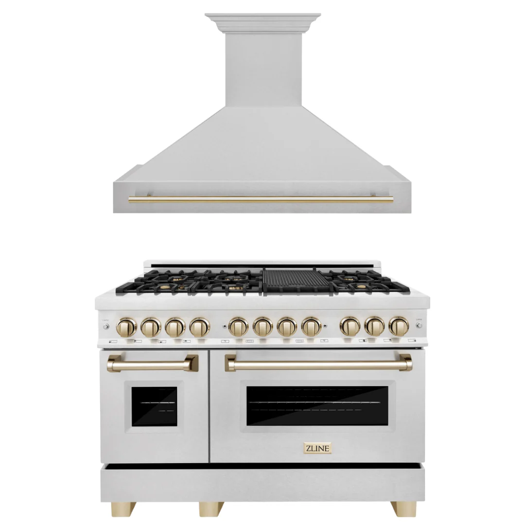 ZLINE Autograph Package - 48 In. Dual Fuel Range and Range Hood in DuraSnow® Stainless Steel with Gold Accents, 2AKPR-RASRH48-G - Inhomebuy