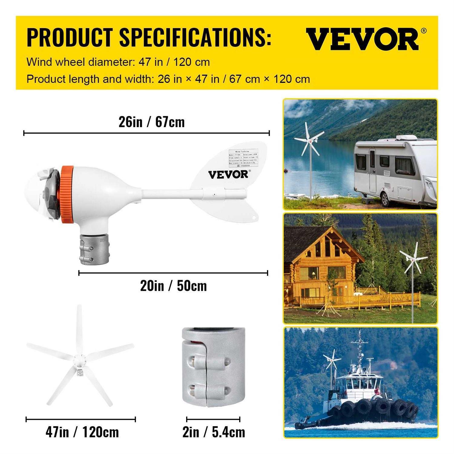 VEVOR Wind Turbine Generator 400-Watt 12-Volt/AC Wind Turbine Kit 3 Blades Wind Power Generator Controller - Inhomebuy