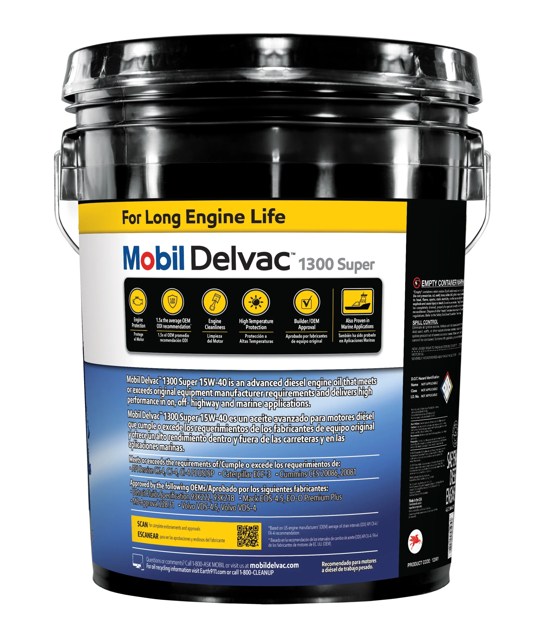 Mobil Delvac 1300 Super Heavy Duty Premium Synthetic Blend Diesel Engine Oil 15W-40, 5 Gallon - Inhomebuy