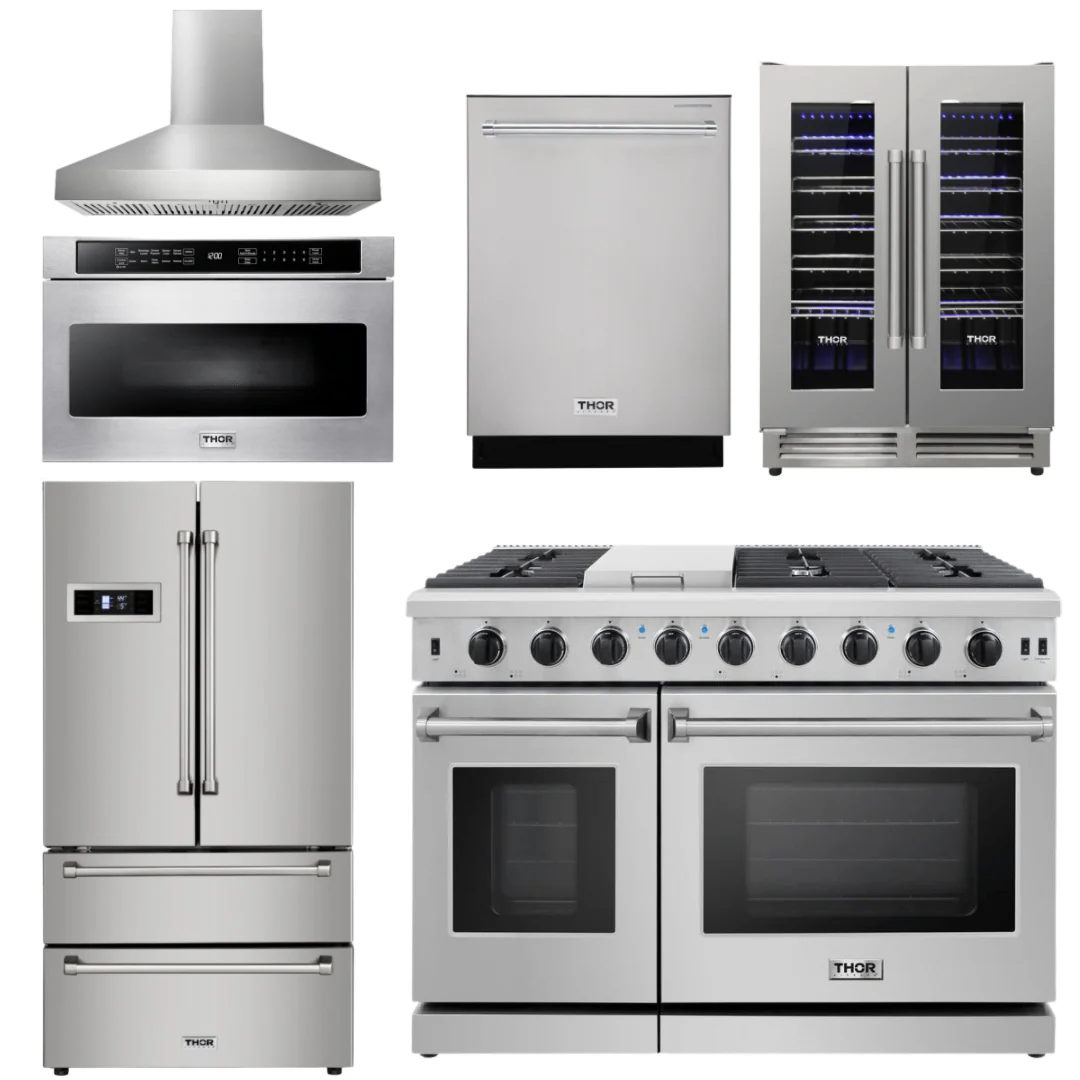 Thor Kitchen Bundle - 48 in. Propane Gas Range, Range Hood, Refrigerator, Dishwasher, Wine Cooler, Microwave, AB-LRG4807ULP-W-6 - Inhomebuy