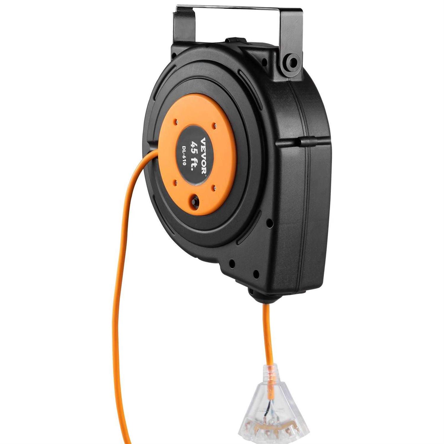 VEVOR Retractable Extension Cord Reel 30 Ft Heavy Duty 16AWG/3C Sjtow Power Cord with Lighted Triple Tap Outlet 10 Amp Circuit Breaker for Ceiling - Inhomebuy