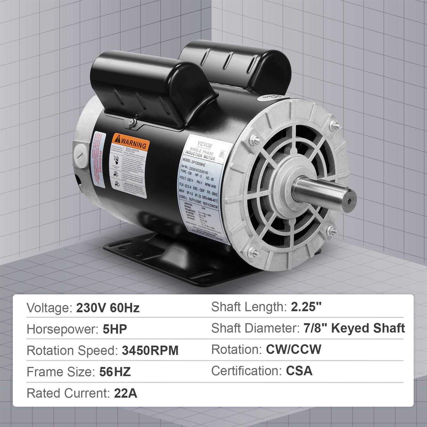 VEVOR 5HP Air Compressor Motor Single Phase Electric Motor Keyed shaft 230V Frame CW/CCW Rotation DXKYJDJTODP5HWZ57V7 - Inhomebuy