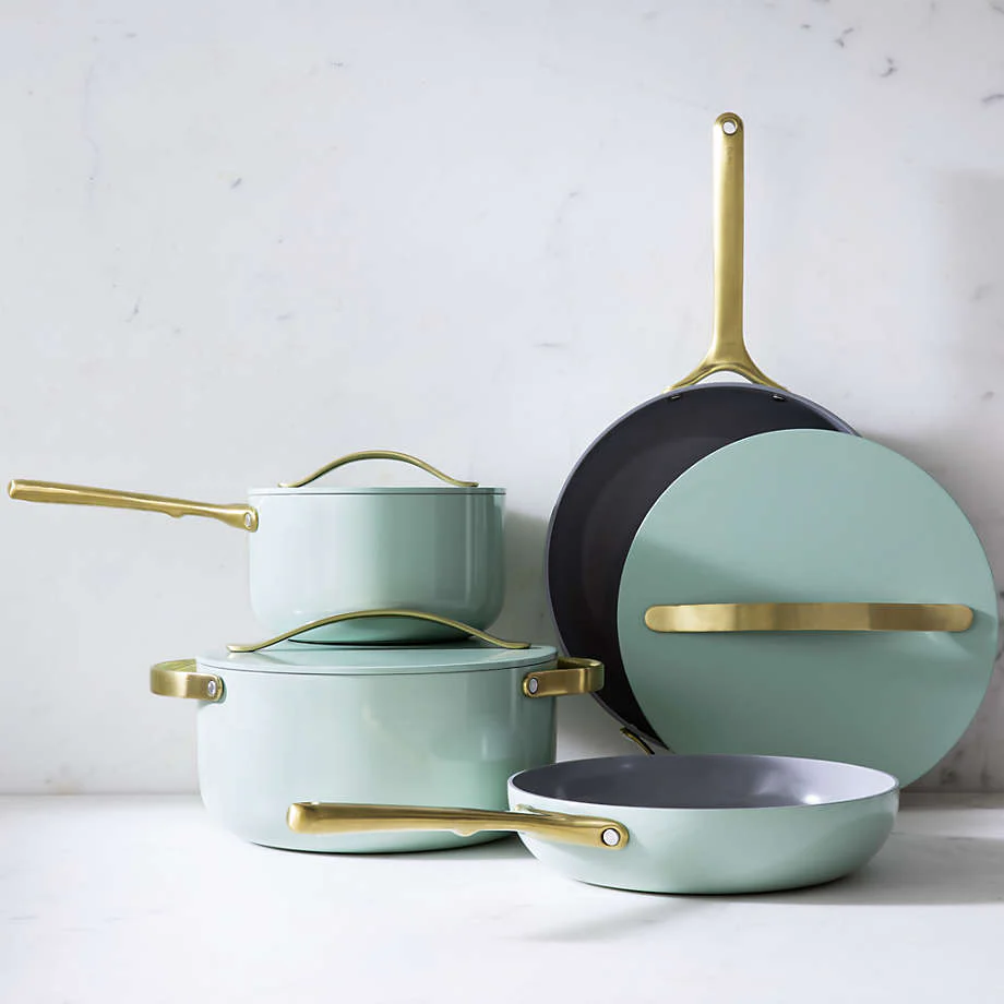 Caraway Non-Toxic and Non-Stick Cookware Set in Silt Green with Gold Handles - Inhomebuy