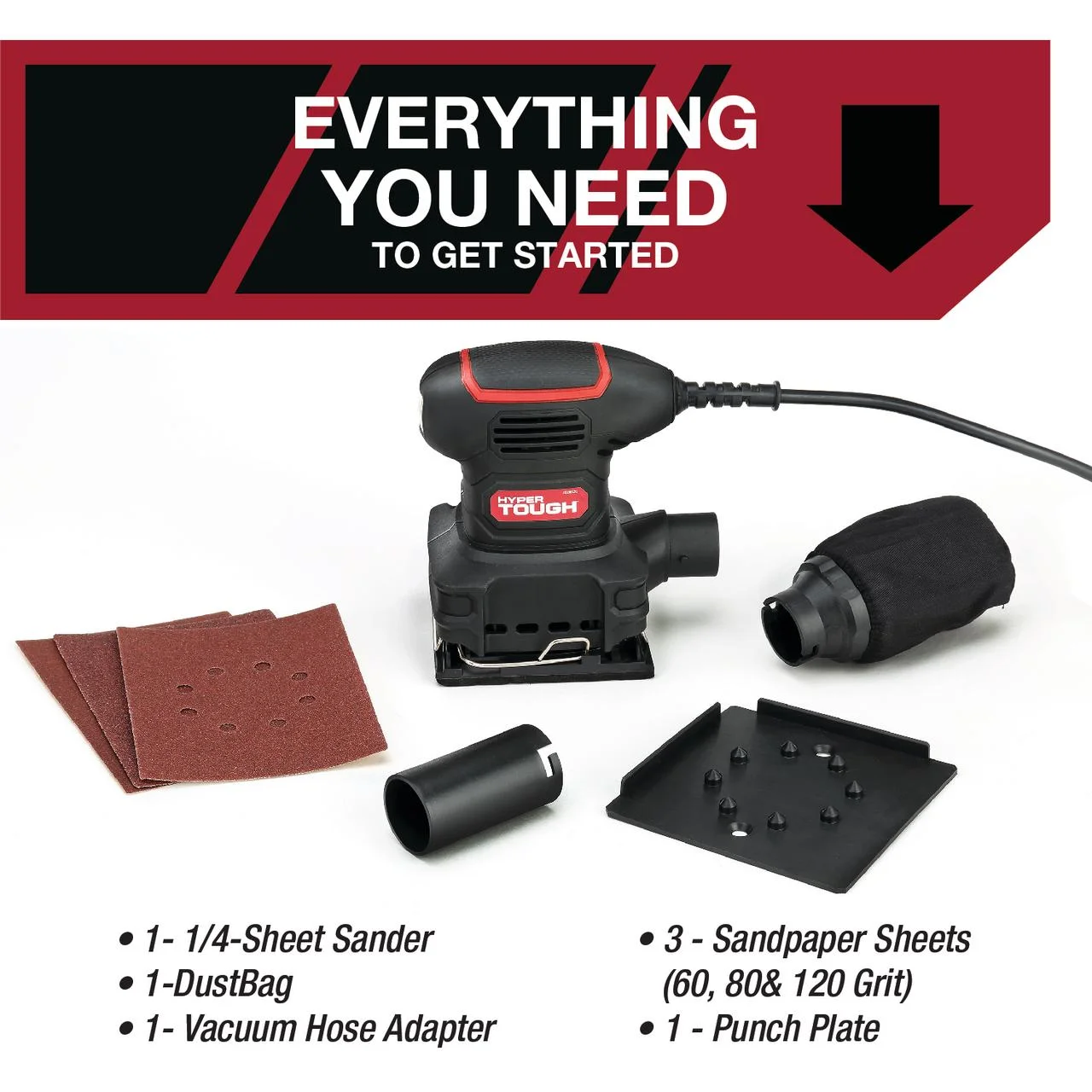 Hyper Tough 2 Amp Corded 1/4 Sheet Palm Sander with Dust Bag, Vacuum Hose Adapter, Punch Plate & 3 Sanding Sheets (60, 80 & 120 Grit) - Inhomebuy