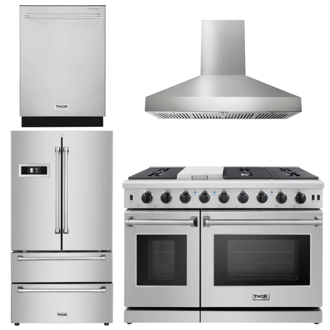Thor Kitchen Bundle - 48 in. Propane Gas Range, Range Hood, Dishwasher, Refrigerator, AB-LRG4807ULP-W-2 - Inhomebuy