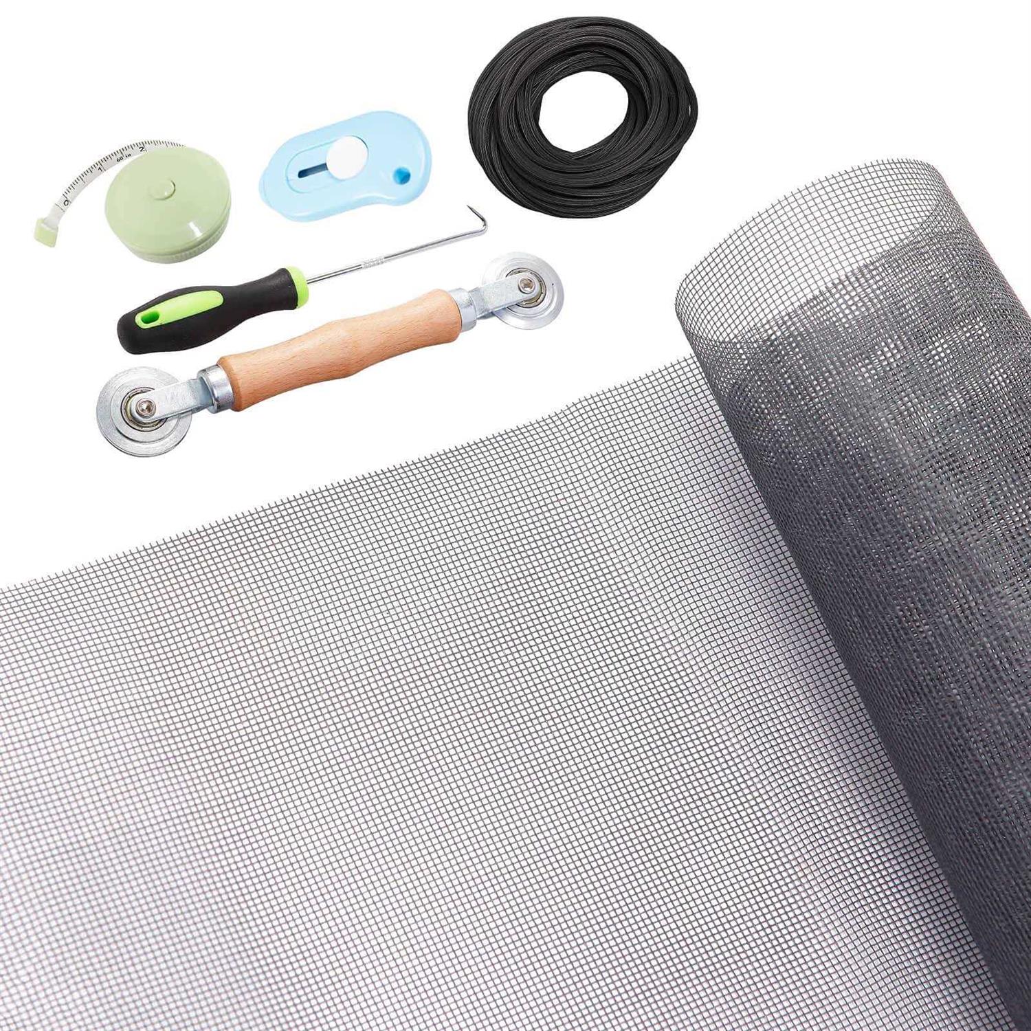 Windows Screen and Screen Door Repair Kit 48×118 Charcoal Fiberglass Mesh with Rolling Tool/Hook/Ruler/Cutter/Spline - Inhomebuy
