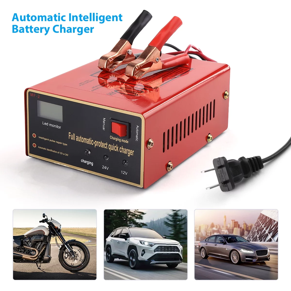 12V/24V Full Automatic Maintenance-free Car Battery Charger Smart Fast Power Charging for Scooter, Motorcycle, Car, Tractor Boat - Inhomebuy