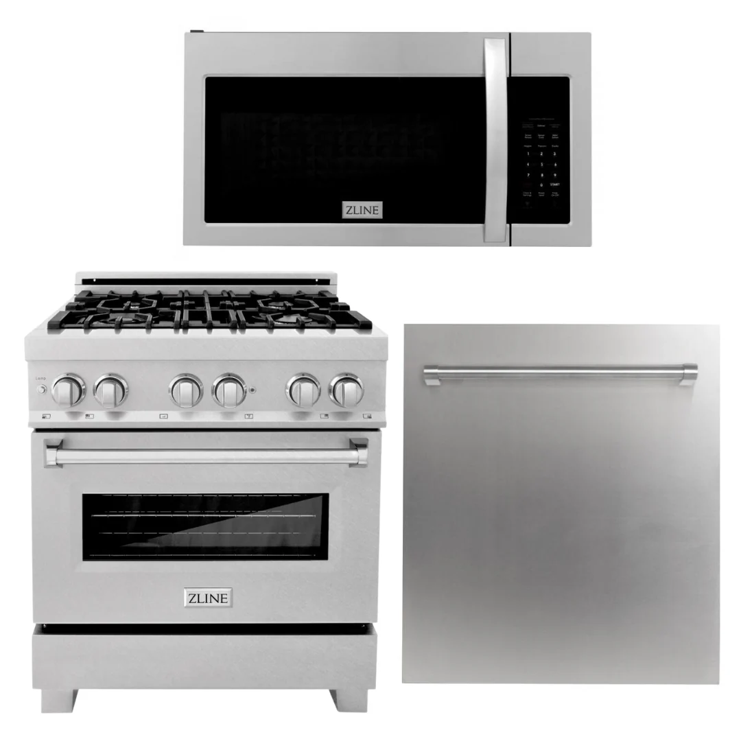 ZLINE 30 in. Kitchen Appliance Package with Stainless Steel Gas Range, Modern Over The Range Microwave and Dishwasher, 3KP-RGOTR30-DW - Inhomebuy