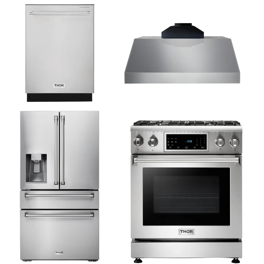 Thor Kitchen Package - 30 In. Gas Range, Range Hood, Refrigerator with Water and Ice Dispenser, Dishwasher, AP-TRG3001LP-C-7 - Inhomebuy