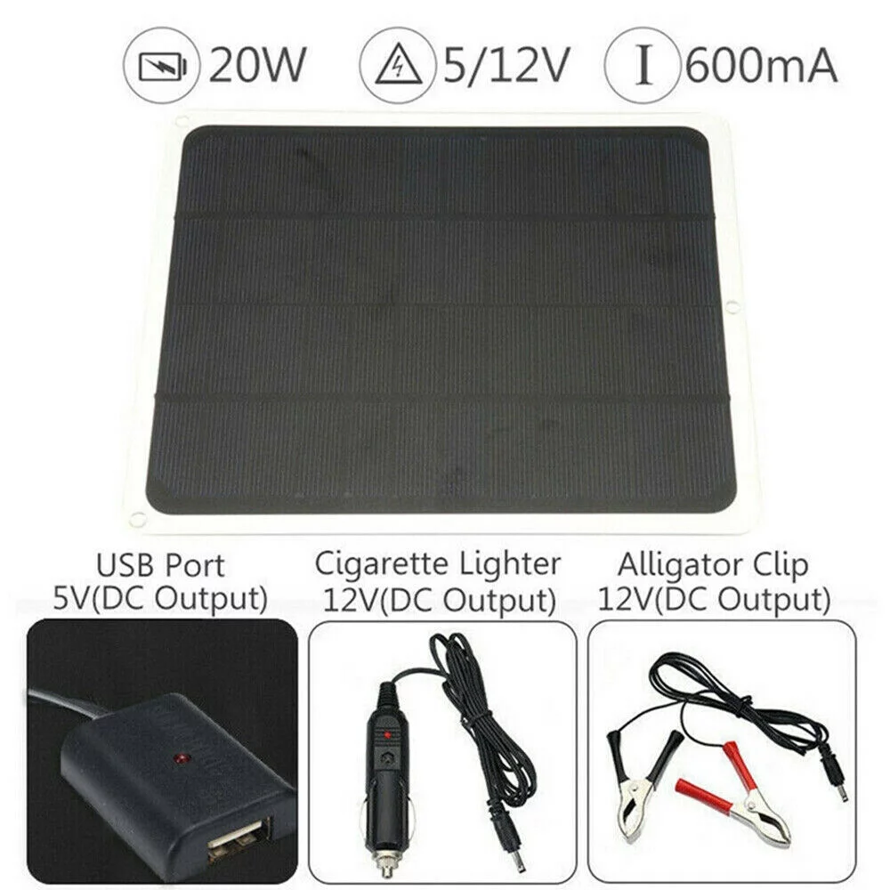 20W Solar Panel 12V Trickle Charge Battery Charger Maintainer Marine RV Car T-IT - Inhomebuy